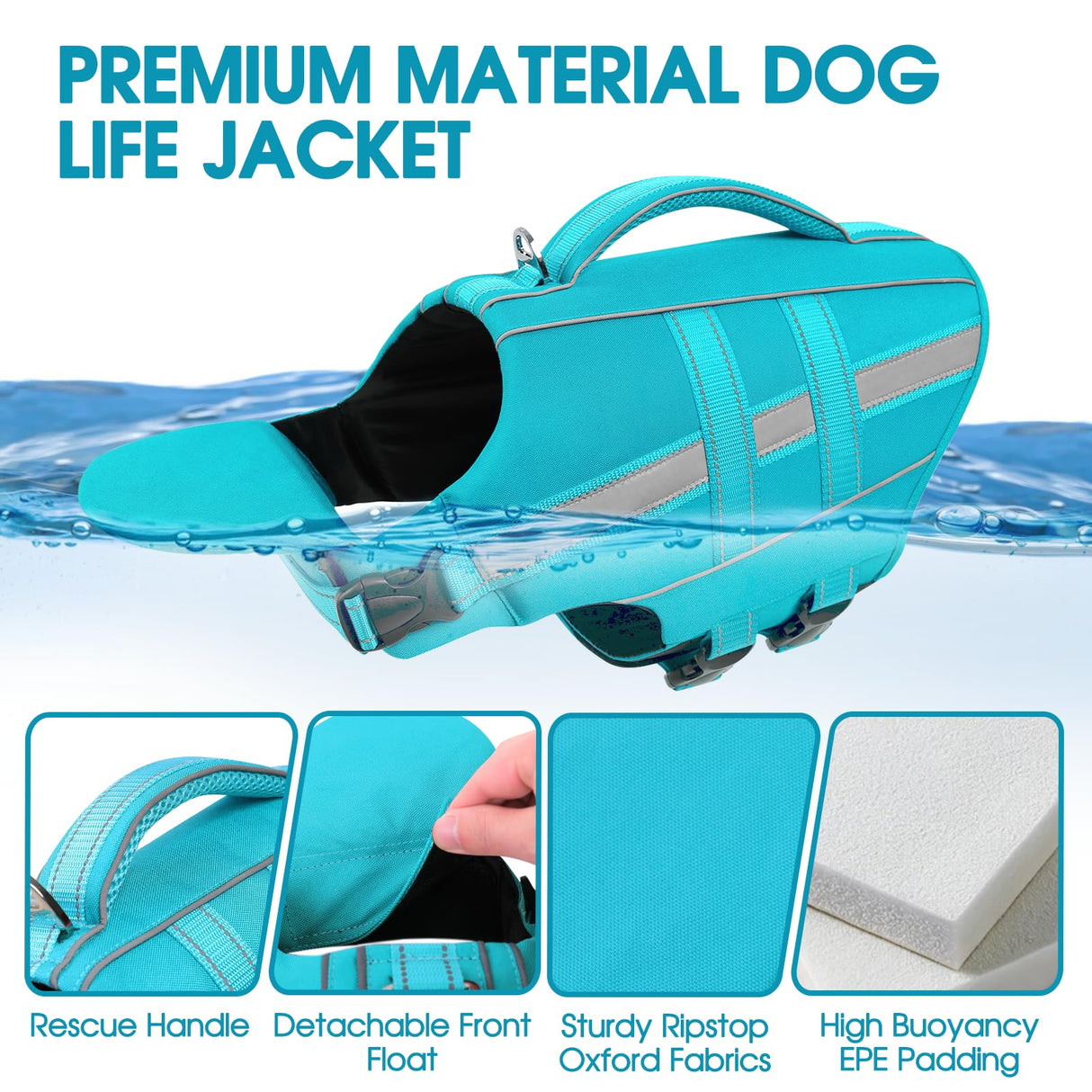 Dog Life Jacket Dog Life Vest for Swimming Boating with Detachable Front Chin Float High Buoyancy Pool Lifesaver Adjustable Reflective Ripstop Pet Preserver with Rescue Handle(Turquoise, XL)