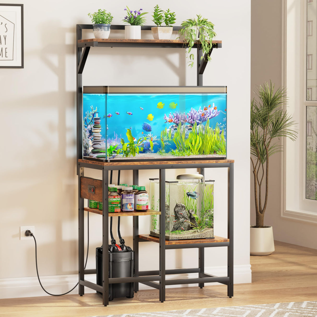20-29 Gallon Fish Tank Stand, Aquarium Stand with Power Outlet, Heavy-Duty Reptile Terrarium Stand Table with 6-Leg Support and 4-Tier Adjustable Storage Shelves