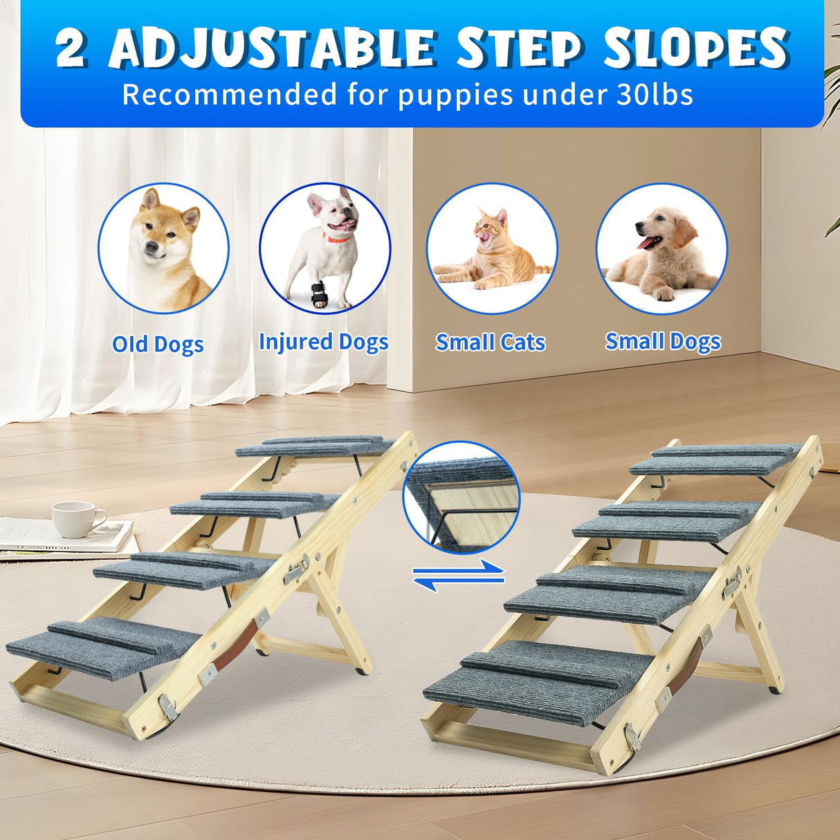 TNELTUEB Dog Ramp, 2-in-1 Dog Stairs for Small Dogs, 32.6" Long, Adjustable 8.5"-18" Pet Ramp with Non-Slip Traction Mat, Folding Portable Wooden Dog Steps for Bed, Couch, Car, Rated for 30 LBS (Grey)