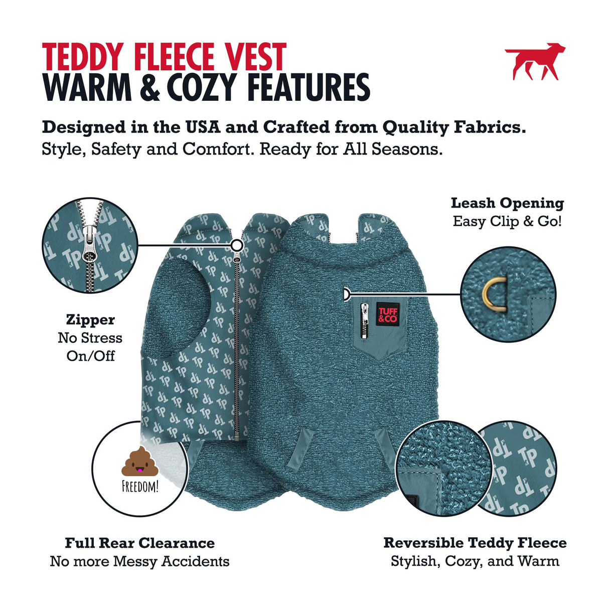 Tuff Pupper Reversible Fleece Sweater Vest for Dogs | Lightweight Comfortable Insulated Jacket | Front Zip Closure | Machine Washable | Built-in Leash Hole | Sizes for All Breeds (XL, Teal)