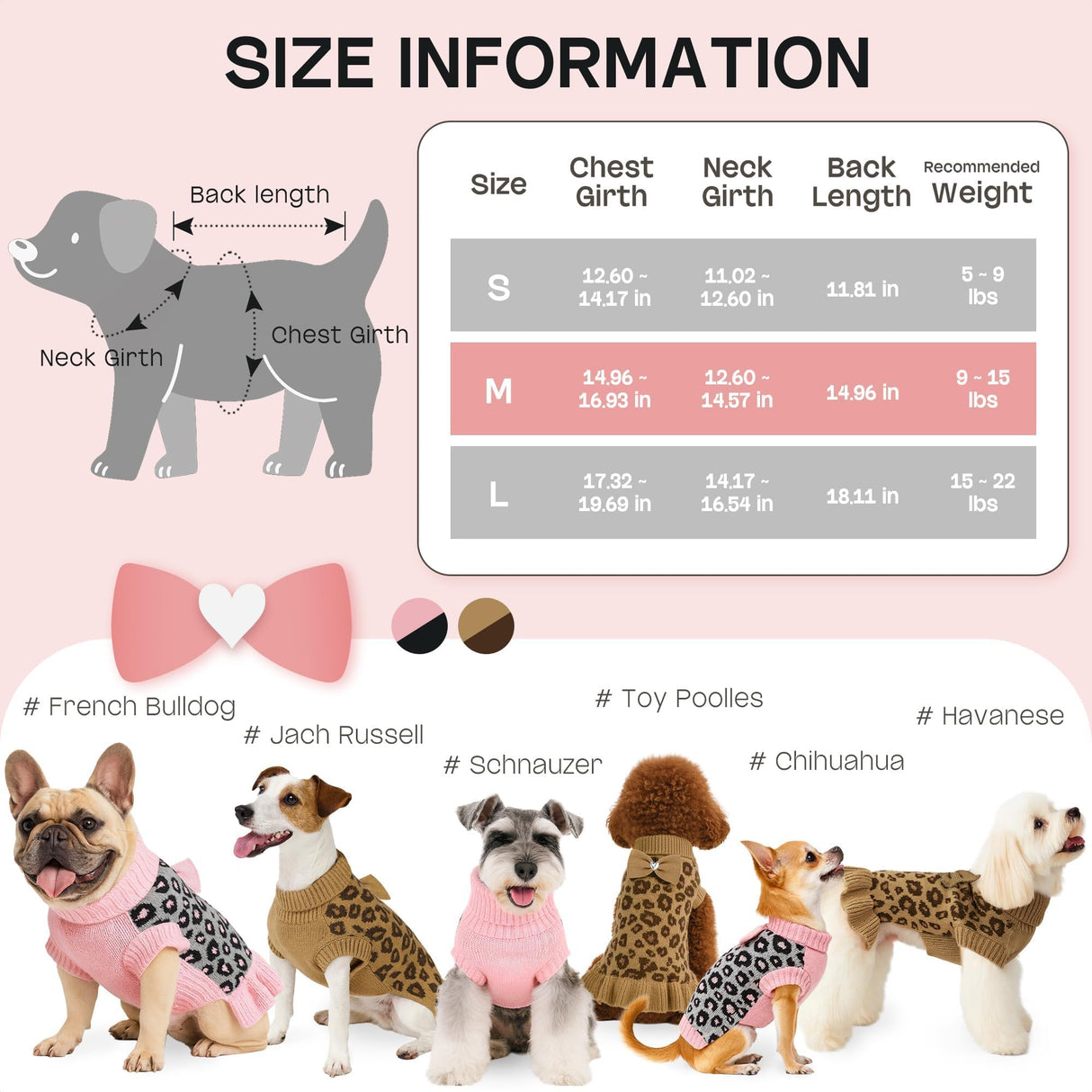 YUDODO Small Dog Sweater with Bowtie Turtleneck Leopard Knitted Pet Girl Dog Winter Clothes Warm Sweater for Yorkies Chihuahua with Leash Hole (S, Pink Leopard)