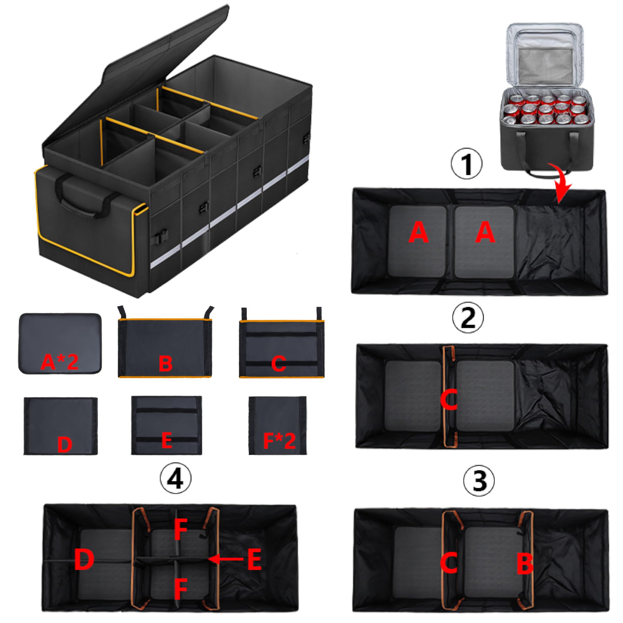Car Trunk Organizer and Storage with Lid & Removable Leakproof Cooler Bag, Car Accessories 6 Removable Dividers for Custom Space, Collapsible Large Trunk Organizers Interior for SUV Sendan with Cover