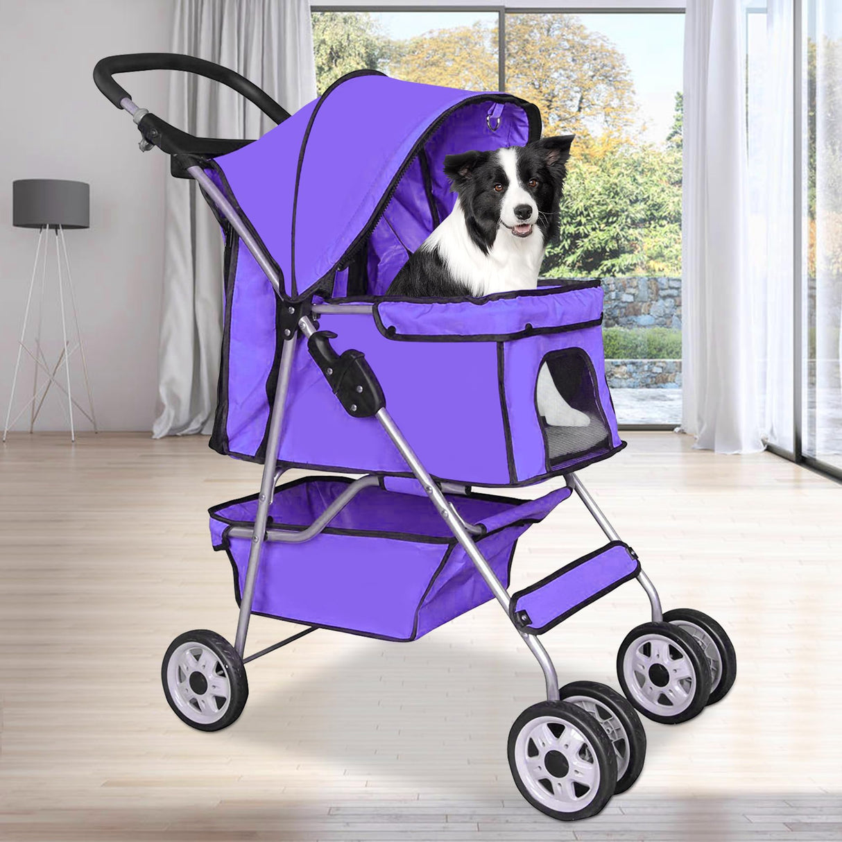 BLKMTY Folding Dog Stroller, 4 Wheels Pet Stroller, Foldable Cat Strollers Waterproof Travel Carrier Strolling Cart for Puppy Jogger with Cup Holder & Storage Basket, Purple