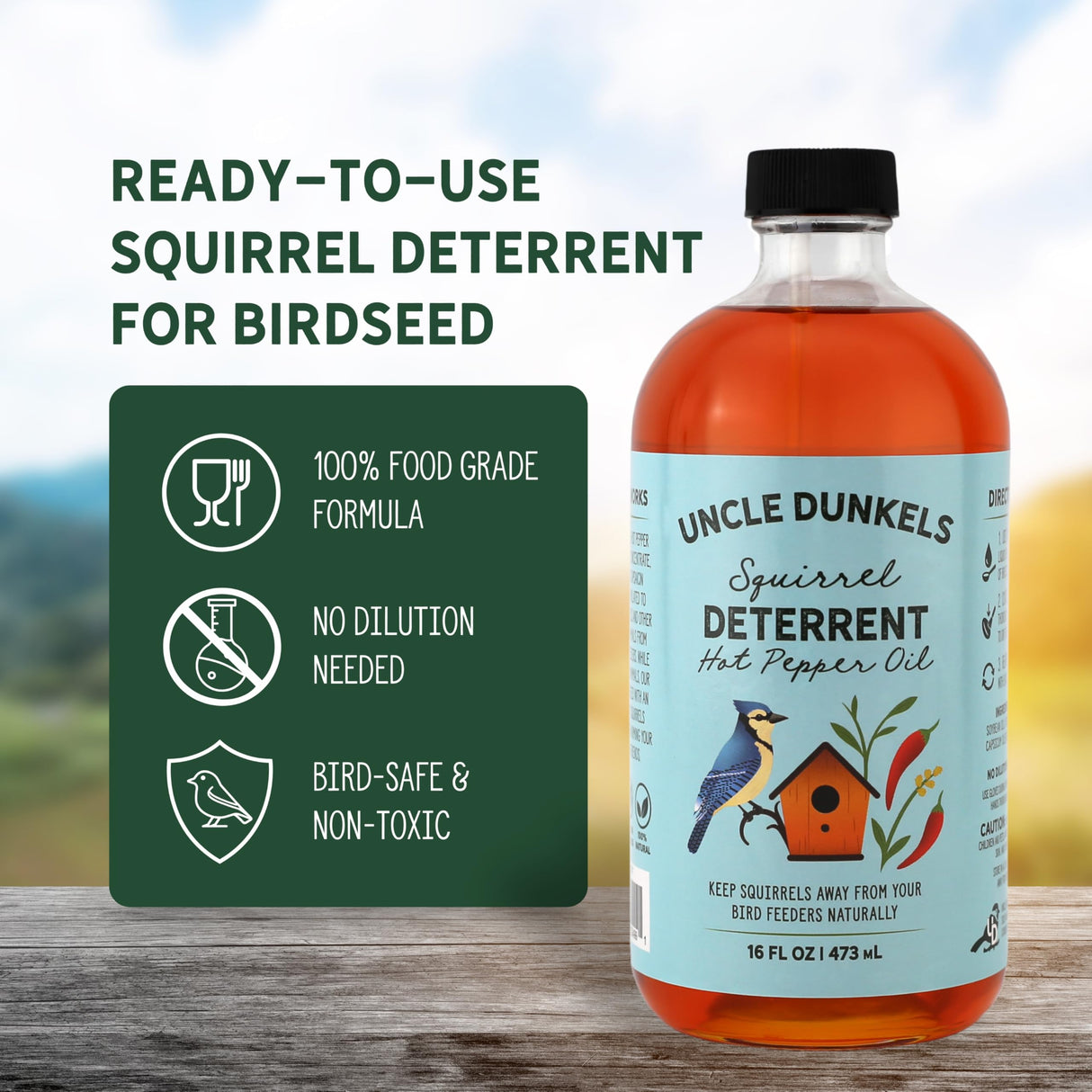 Uncle Dunkels Spicy Hot Pepper Squirrel Deterrent (16 fl Oz) – All-Natural, Food-Grade Hot Pepper Bird Seed Coating, Repels Squirrels, Safe for Birds, Made in USA