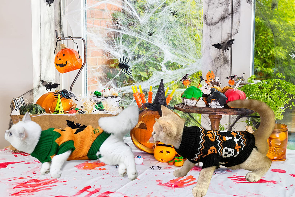 Vehomy 2Pcs Pet Halloween Sweaters Dog Halloween Pumpkin Sweater Kitten Cat Holiday Theme Turtleneck Knitwear Shirt with Pumpkin Skull Patterns Dog Puppy Halloween Costume Clothes for Small Dogs XXL