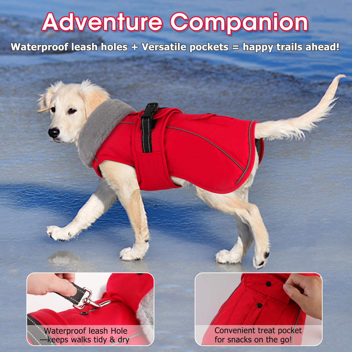 Dogcheer Dog Coat with Pocket, Waterproof Dog Jacket with Adjustable Buckle, Reflective Puppy Winter Coat Warm Turtleneck Fleece SnowJacket for Small Medium Large Dogs - Red L