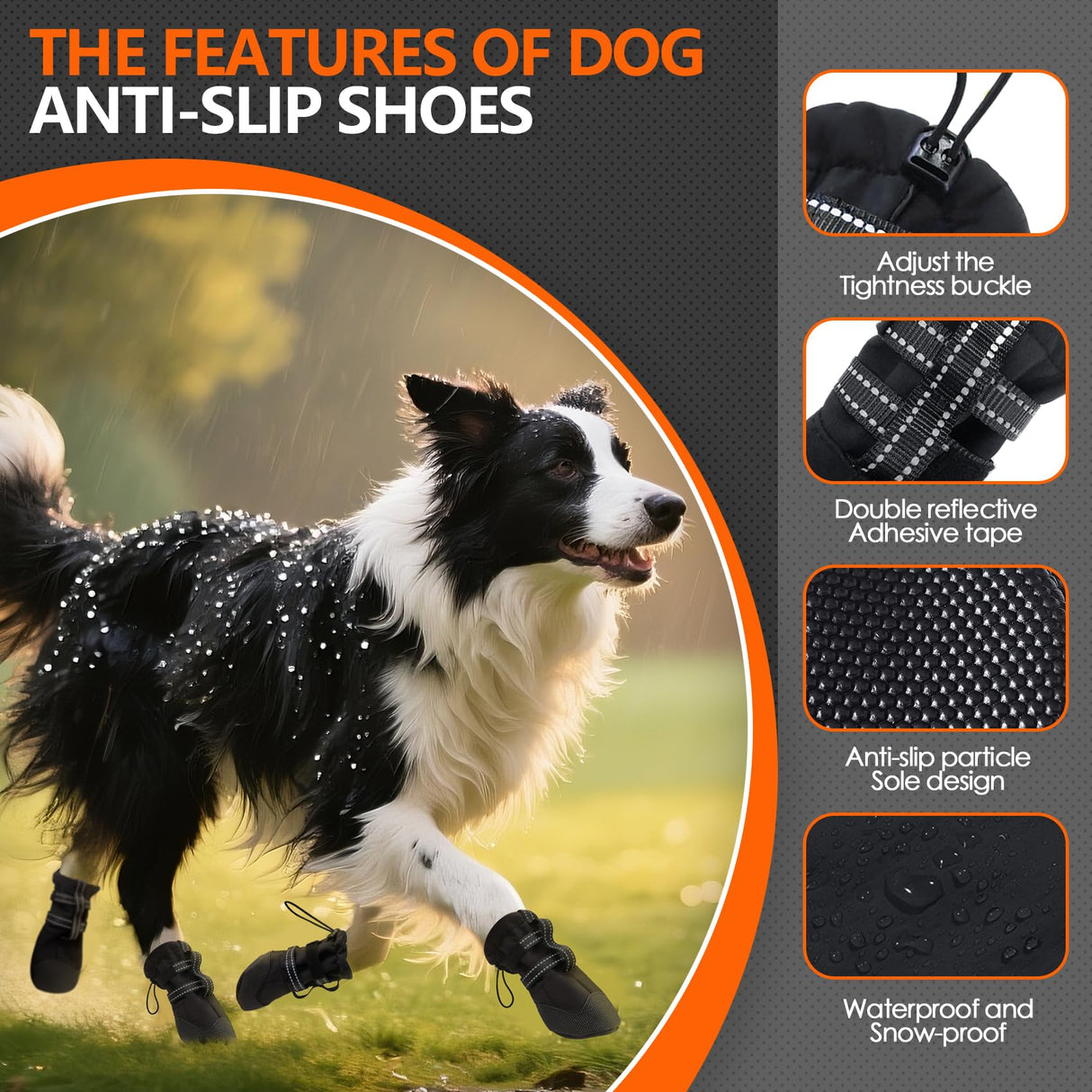 AuraPaw Dog Boots & Paw Protectors for Medium Dogs, Waterproof & Anti-Slip, Reflective Dog Shoes for Rain, Snow & Ice, Summer Hot Pavement and Rugged Terrain, 4Pcs Winter Dog Boots, Size M, Black