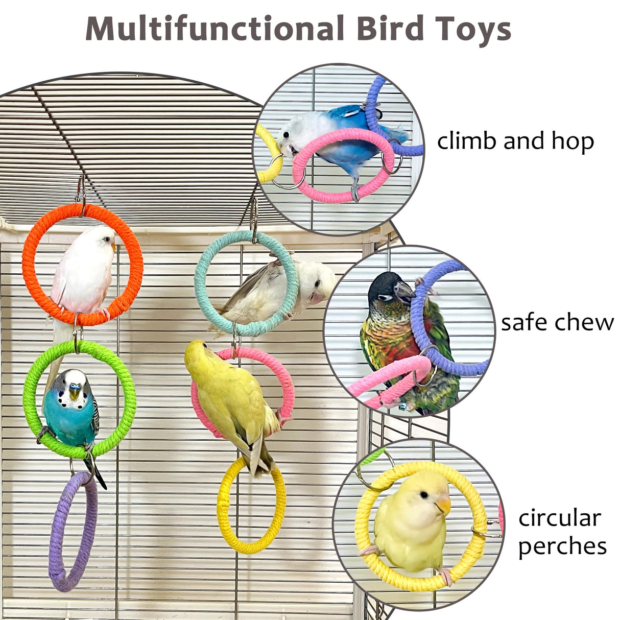 Jevnd 6-Ring Bird Swing Toy for Cage, Colorful Cotton Rope Perch for Parrots Soft Grip, DIY Adjustable Hanging Parakeet Toys, Interactive Multi-Bird Swing and Climb for Budgies, Lovebirds, Cockatiels