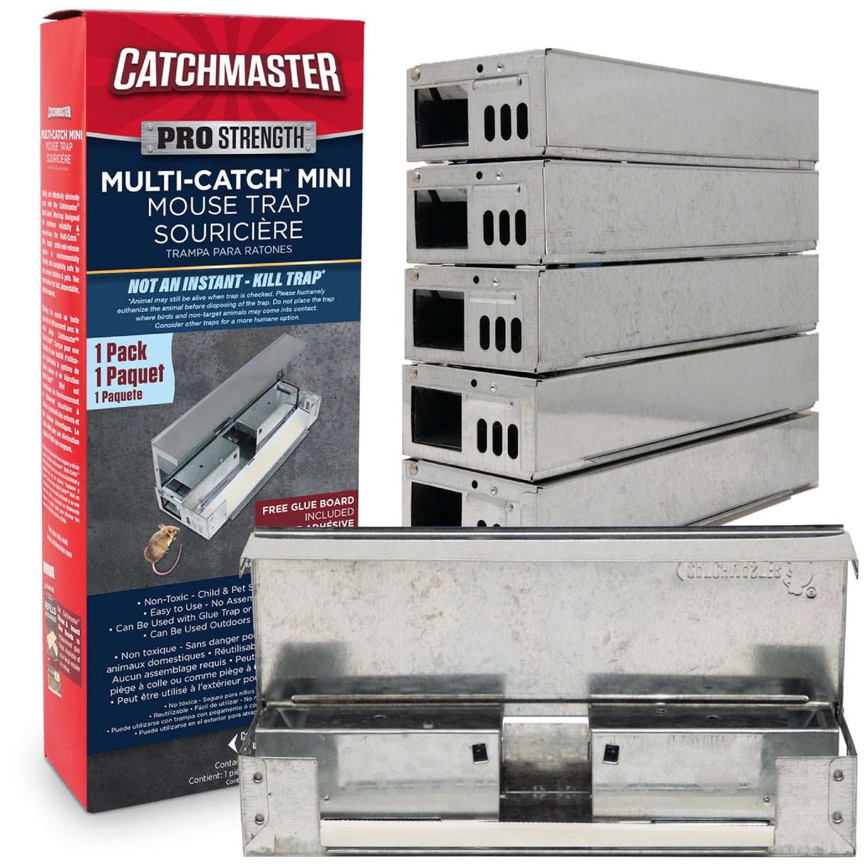Catchmaster Pro Series Multi-Catch Mini Mouse Trap 6-Pack, Humane Mouse Traps Indoor for Home, Rat Trap Outdoor with Replaceable Glue Boards, Pet Safe Pest Control, Live Trap for Garage & Shed