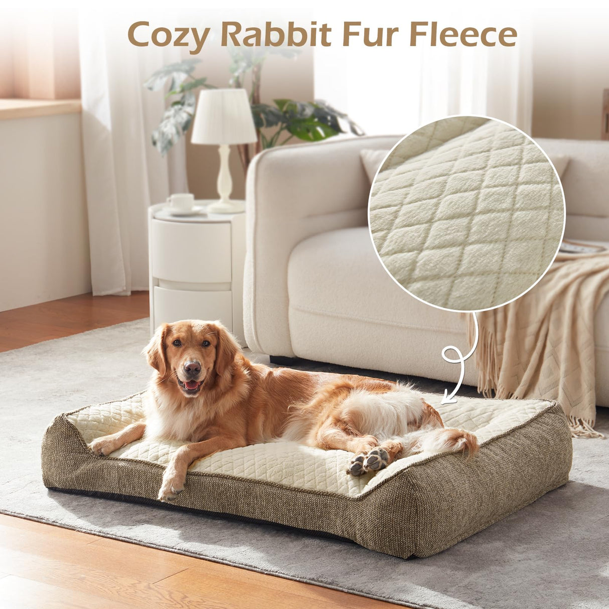 JOEJOY XL Orthopedic Dog Beds Large Sized Dog, Extra Thick Supportive Big Dogs Couch Bed with Sides, Ultra Soft Pet Bed Sofa for Large Dogs, Beige, 38''x28''