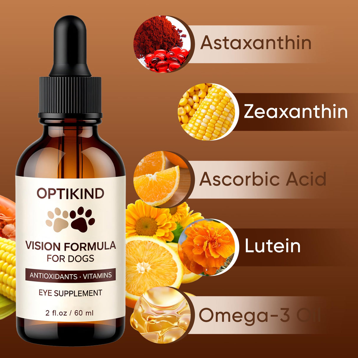 OptiKind Vision Drops for Dogs, Eye Drops for Dogs, Complete Eye Health Support with Powerful Antioxidants, Omega-3 Oil, Lutein, Bilberry Extract, Zeaxanthin & Lycopene, 2 fl oz / 60 ml (1)
