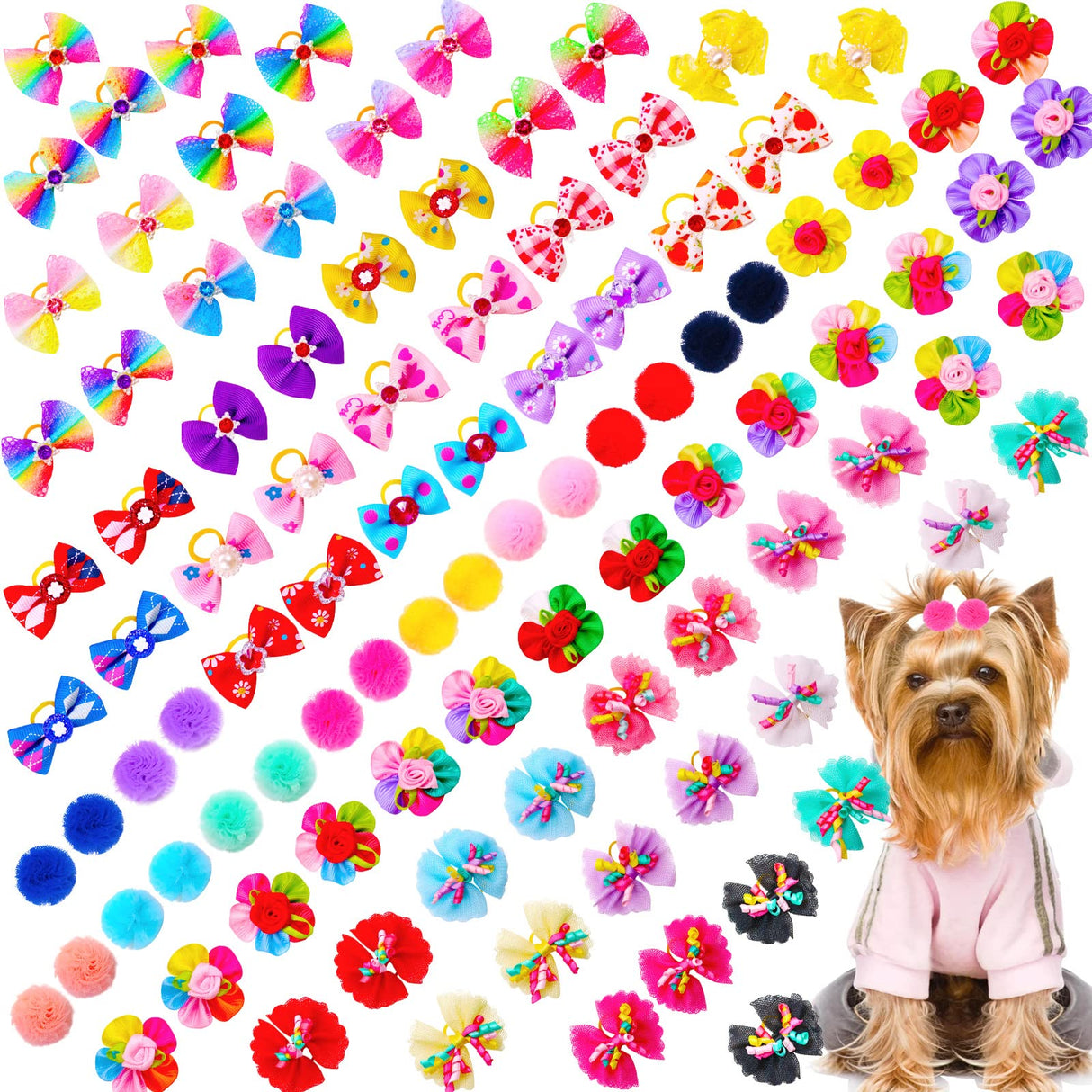 Mruq Pet 100pcs Dog Hair Bows, Small Puppy Grooming Bows with Rubber Bands - Mix Dainty Handmade Hair Accessories for Pet Yorkie and Tiny Dogs