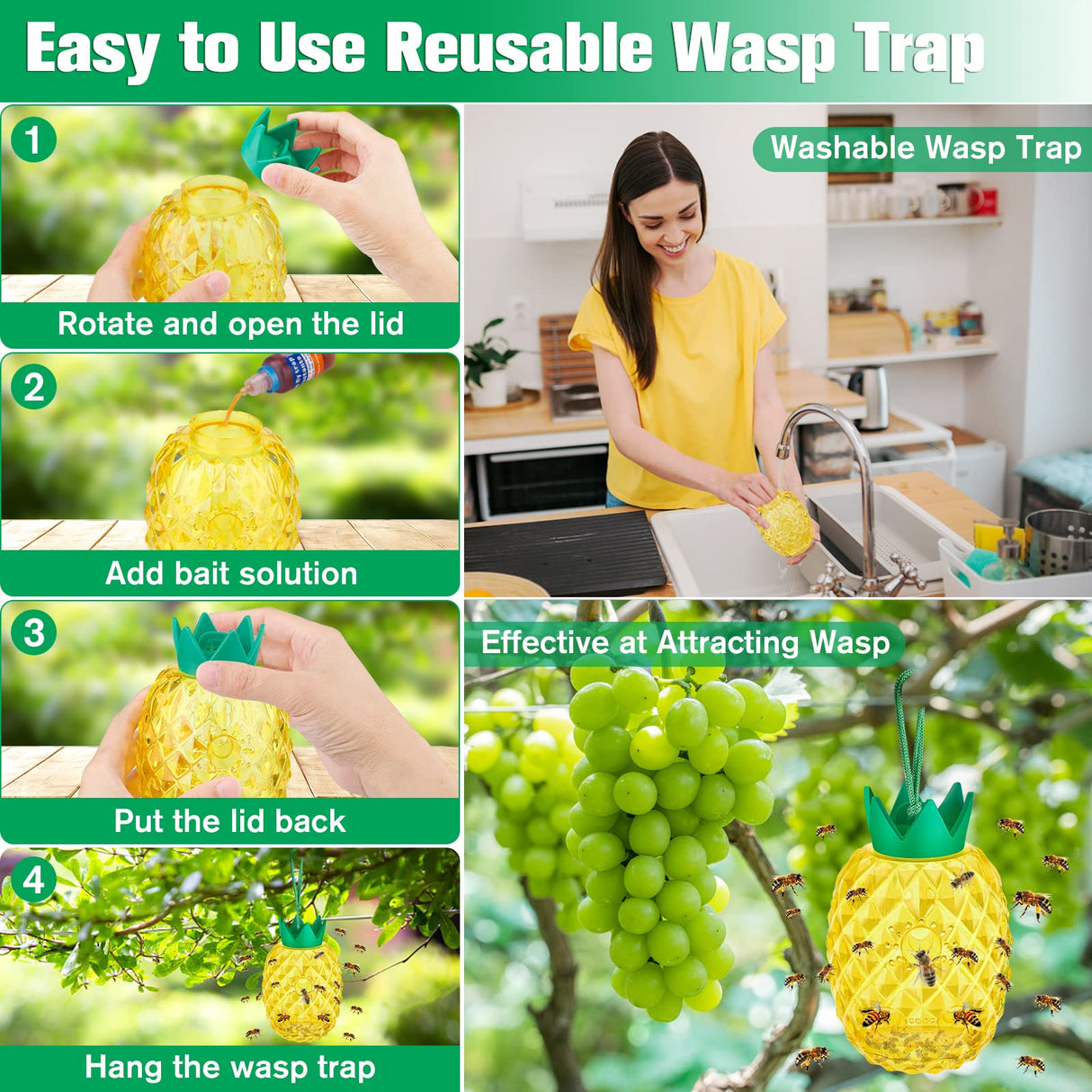 Wasp Traps Catcher - Honey Bee Trap, Insect Catcher, Wasp Trap, Bee Trap, Outdoor Wasp Deterrent Killer, Reusable Insects Traps Bee Catcher for Hornets, Yellow
