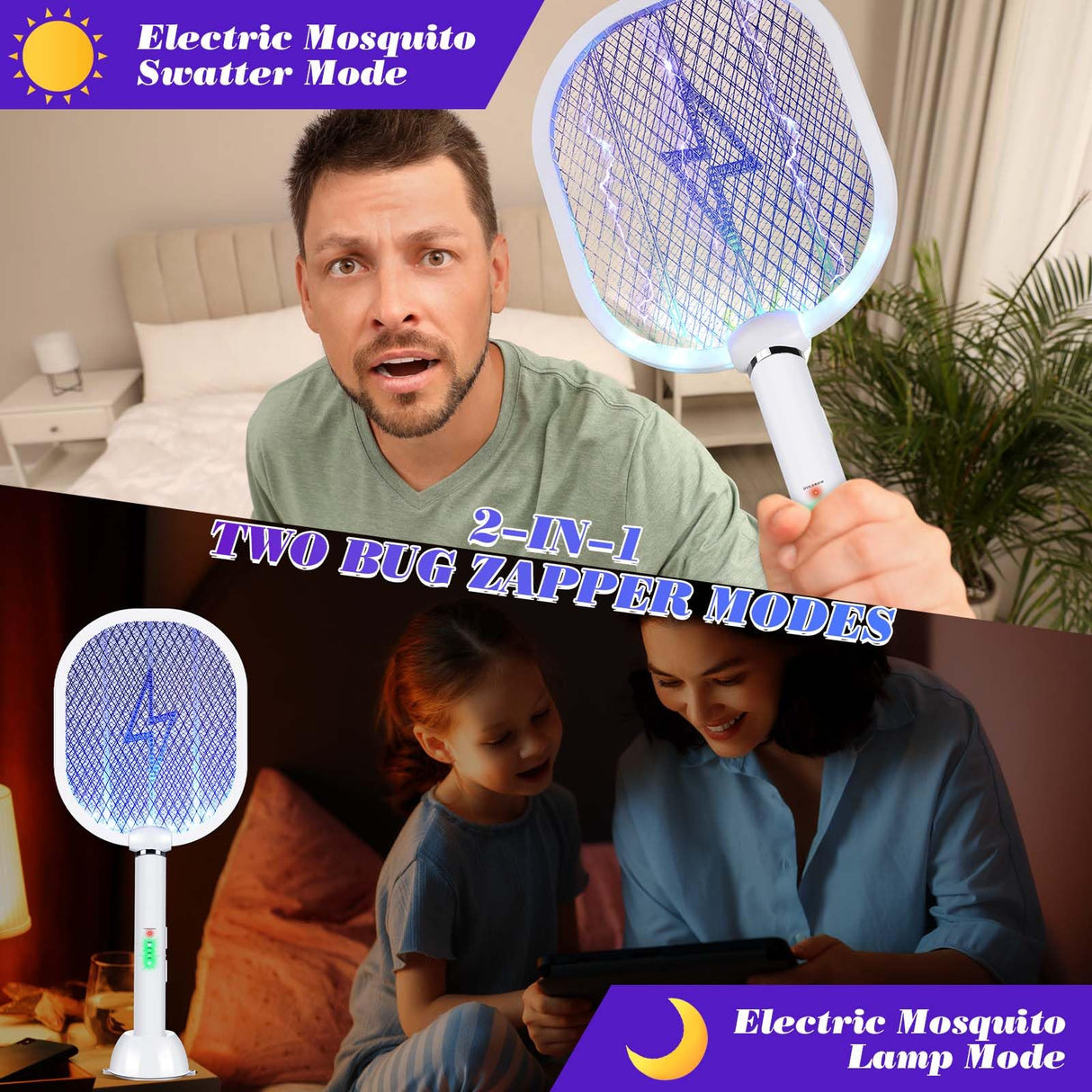 Qualirey 2 Pack Electric Fly Swatter 3000v Bug Zapper Racket 2 in 1 Mosquito Killer with 3 Layers Safety Mesh 20.5 Inch Extra Large USB Rechargeable with 1200mah Battery for Indoor Outdoor(White)