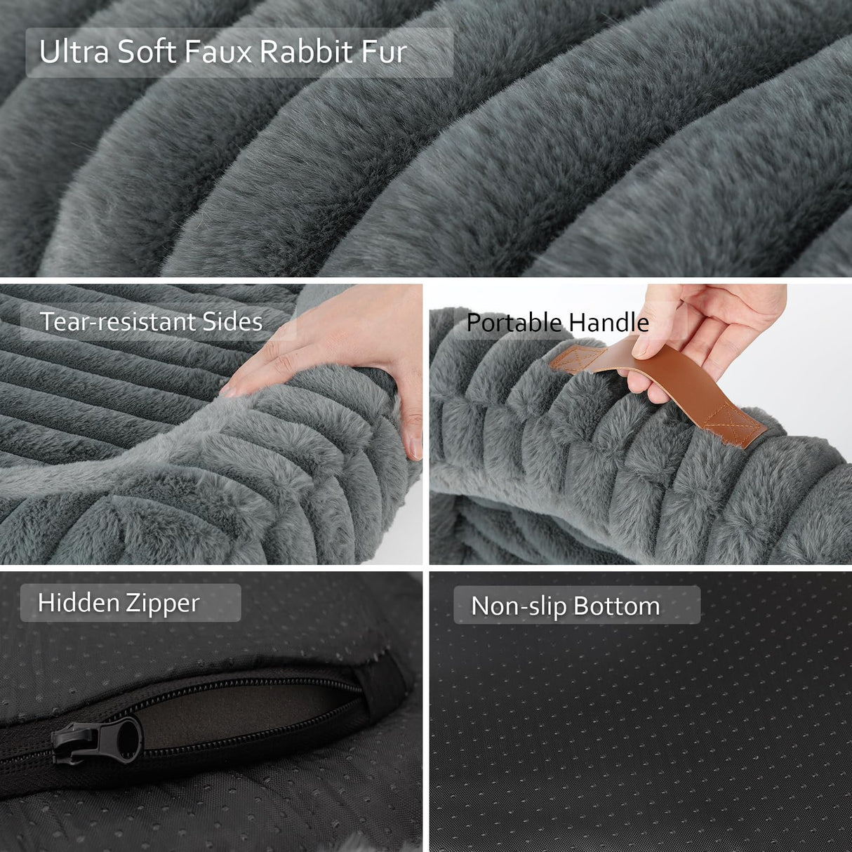 KISIMUY Cute Washable Dog Bed for Small Dogs -Soft Plush Calming Puppy & Cat Bed with Anti-Slip Bottom, Rectangle Anti-Anxiety Puppy Kennel Bed with Handle, 25" x 21" x 4",Grey