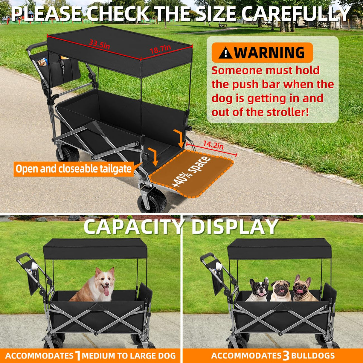 MAXFUT Large Dog Stroller for Large Medium Dogs,Older Dog Wagon Cart with Tailgate,Foldable Pet Strollers with Removable Canopy(Black with Sunshade)