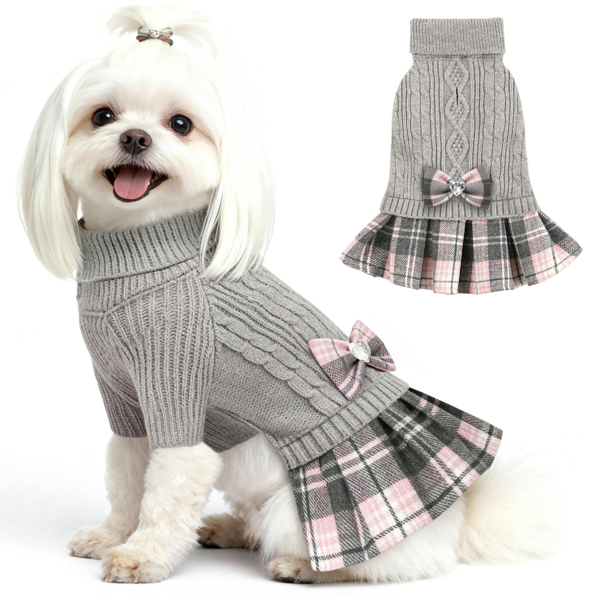 YUDODO Dog Sweater Dress for Dogs Girl with Bowtie Turtleneck Knitted Pet Dress Dog Winter Clothes Warm Sweaters for Puppy Yorkies Chihuahua Grey L