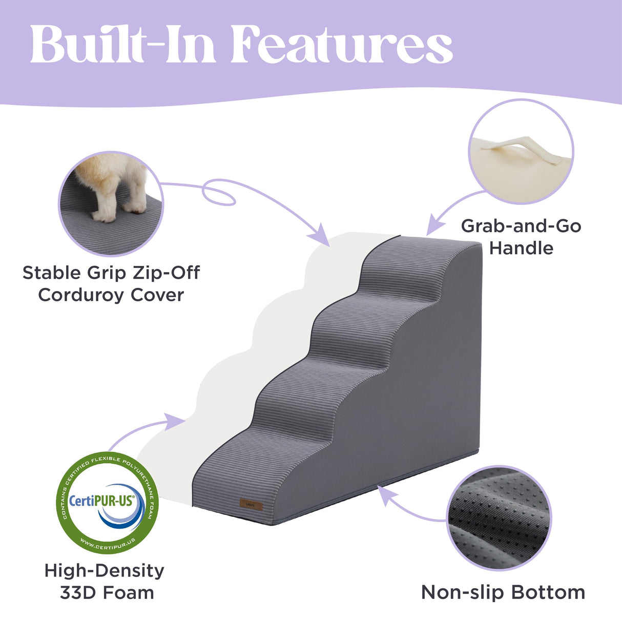 Lesure Dog Stairs for Small Dogs Pet Steps Ramp for High Bed and Couch with CertiPUR-US Certified Foam with Non-Slip Bottom, Grey, 4 Steps