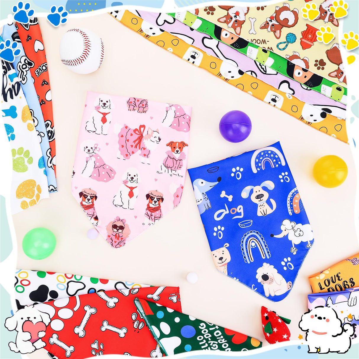Bensbl 30Pcs Dog Bandanas Bulk Adjustable Washable Triangle Pet Bandanas Cartoon Bone Paw Print for Small Medium Large Dogs Grooming Daily Wear Birthday Party