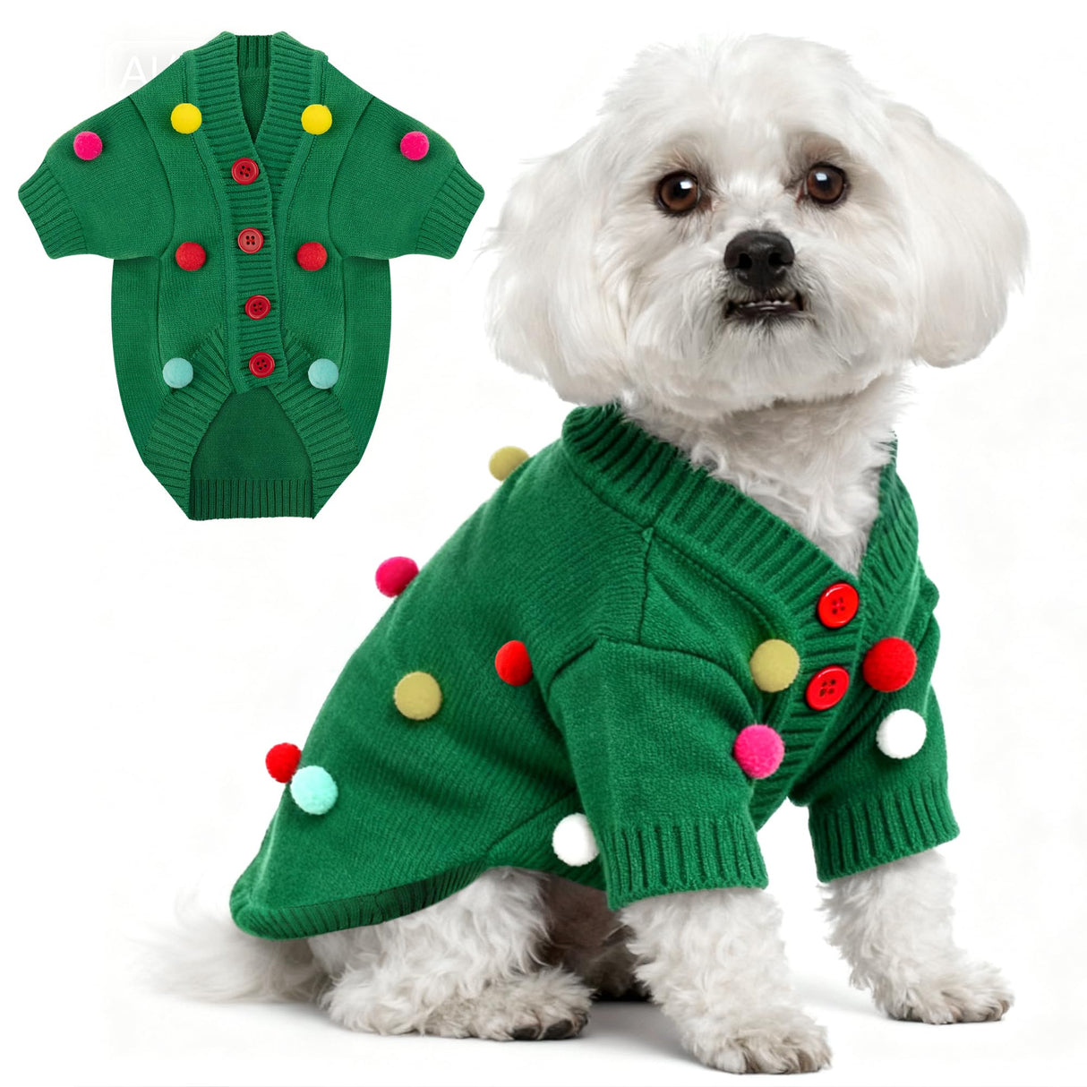 Dog Christmas Sweater Green Christmas Light Cardigans Dog Outfit Soft Warm Knitted Pet Clothes Cold Weather Puppy Clothes for Small Medium Large Dogs Cats