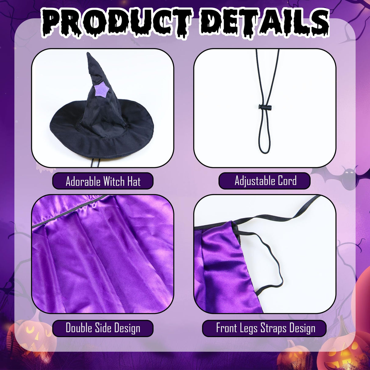 PAYHTOW Dog Halloween Costumes, Dog Witch Costume Funny Pet Witch Cloak Cape Wizard Hat Holiday Outfit Clothes Halloween Costumes for Small Medium Large Dogs Pets (Medium)