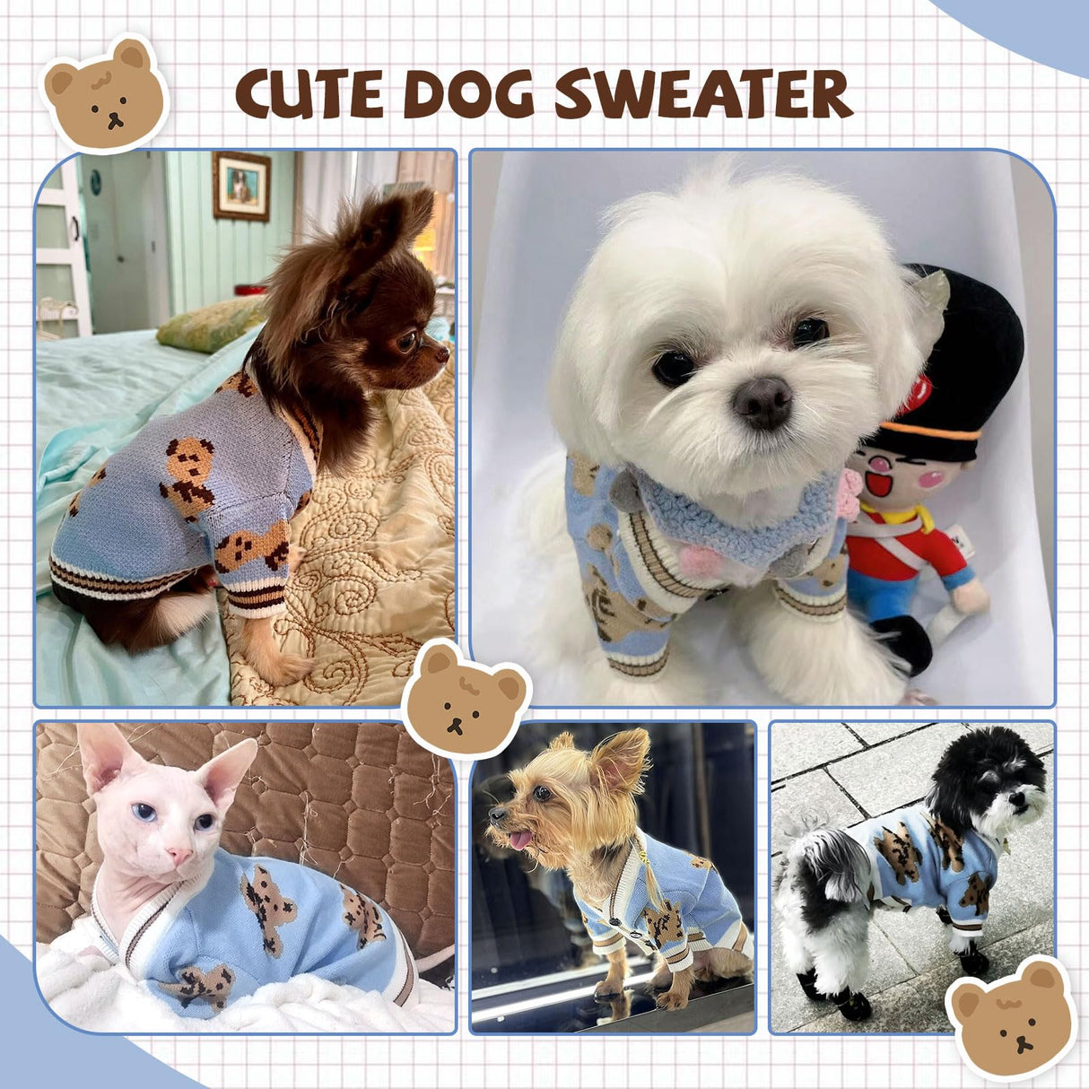 XGDMEIL Small Dog Sweaters Cute Bear Knitted Dog Cardigans Clothes for Small Medium Dogs Soft Pet Puppy Cat Knitting Outfits Fall Winter Warm Boy Girl Dogs Knitwear Coat Apparel(Blue,X-Large)
