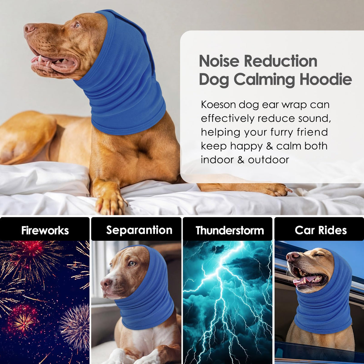 KOESON Dog Calming Hoodie, Adjustable No Shake Ear Wraps for Dogs with Hook & Loop, Soft Dog Ear Muffs Noise Protecion, Pet Head, Ear & Neck Covers for Thunder, Firework, Separation Anxiety, Hematoma