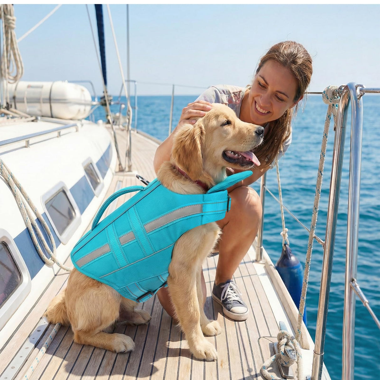 Dog Life Jacket Dog Life Vest for Swimming Boating with Detachable Front Chin Float High Buoyancy Pool Lifesaver Adjustable Reflective Ripstop Pet Preserver with Rescue Handle(Turquoise, XL)