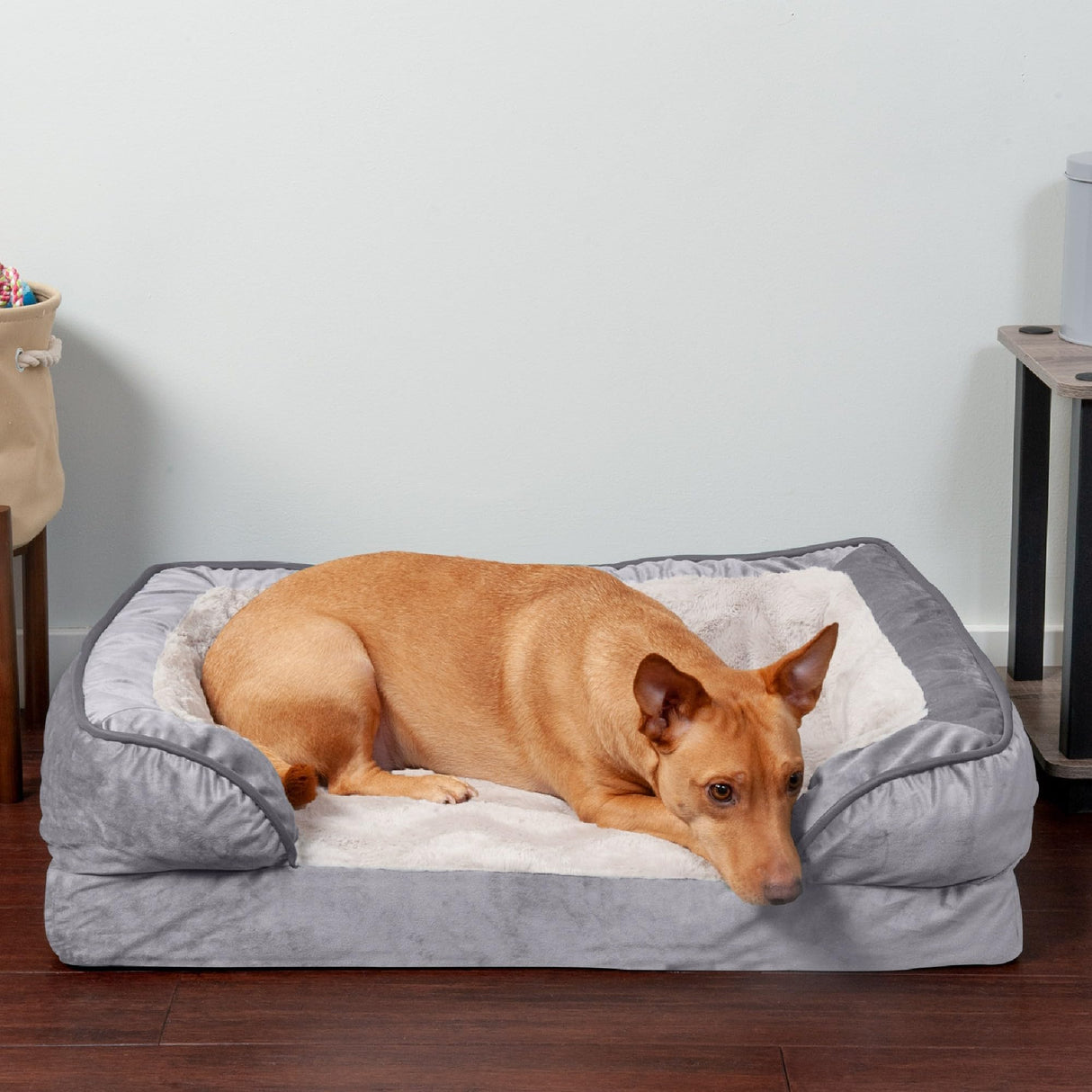 Furhaven Orthopedic Dog Bed for Medium/Small Dogs w/ Removable Bolsters & Washable Cover, For Dogs Up to 35 lbs - Plush & Velvet Waves Perfect Comfort Sofa - Granite Gray, Medium