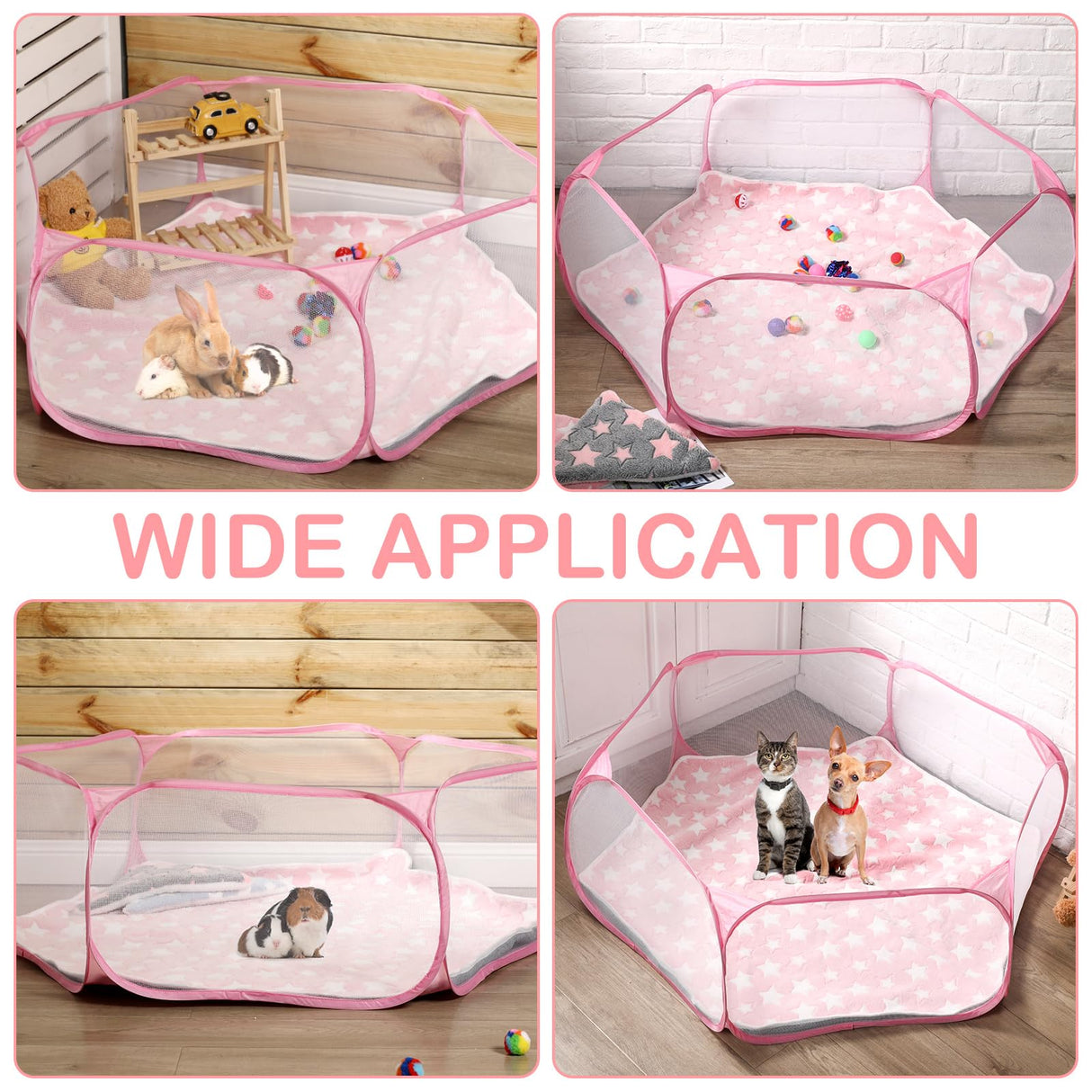 VitalCozy Hamster Playpen with Mat Small Animal Cage Tent Breathable Transparent Guinea Pig Playpen Waterproof Portable Yard Fence Mat Foldable Exercise Playpen Outdoor Indoor (Pink,Star)