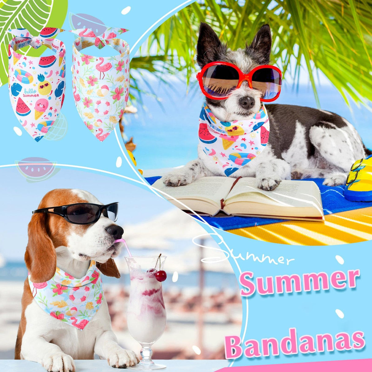 Sweetude 100 Pieces Hawaiian Dog Bandanas Bulk,Summer Bandanas for Dogs Fruit Flamingo Palm Leaves Pattern Pet Triangle Scarf Puppy Kerchief Bibs for Medium Small Pets Summer Costume Accessories