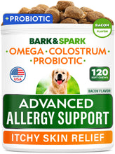 Load image into Gallery viewer, BARK&SPARK Advanced Dog Allergy Itch Relief Chews - Skin Probiotics w/Fish Oil Omega 3 - Itchy Skin Relief Pills - Anti Itching Licking - Skin Allergies Treatment Immune Supplement Colostrum-120 Bacon