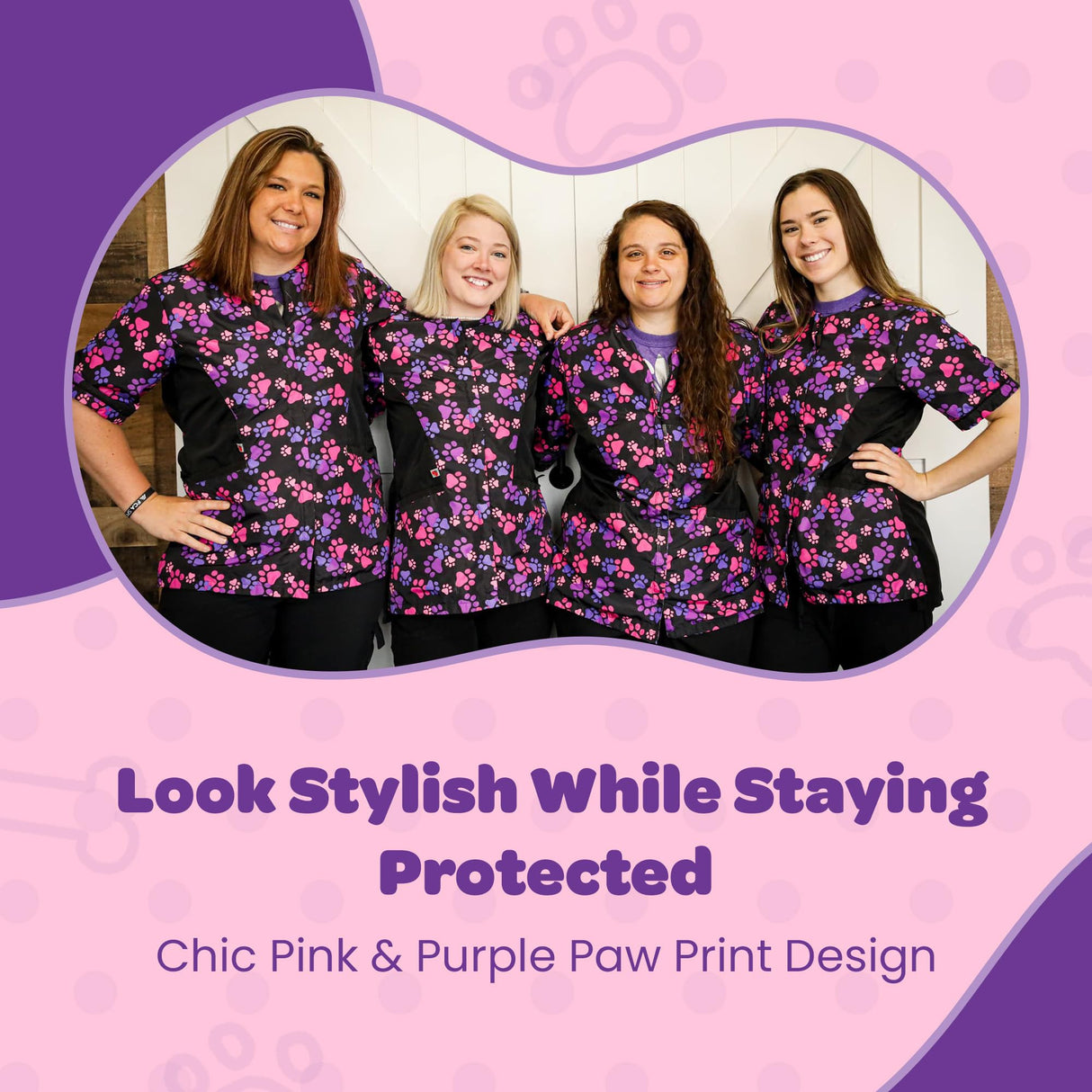 Ladybird Line 725 Pink and Purple Paw Print Waterproof Dog Grooming Smock, Hair and Bleach Resistant with Covered Zipper Panel, Solid Black Back, and Back Tie Belt - Ideal for Pet Groomers - L