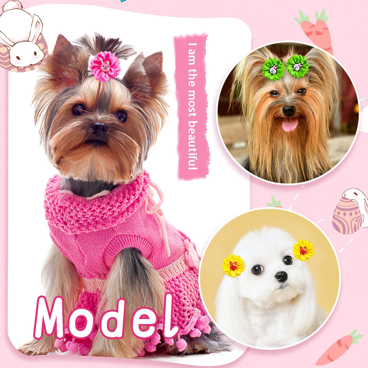 Mruq pet 80pcs Dog Flower Bows, Bulk Holiday Small Dog Hair Bows with Rubber Bands, Mix Cute Bunny Pattern Puppy Dog Bows for Festival Pet Dog Cat Hair Grooming Accessories