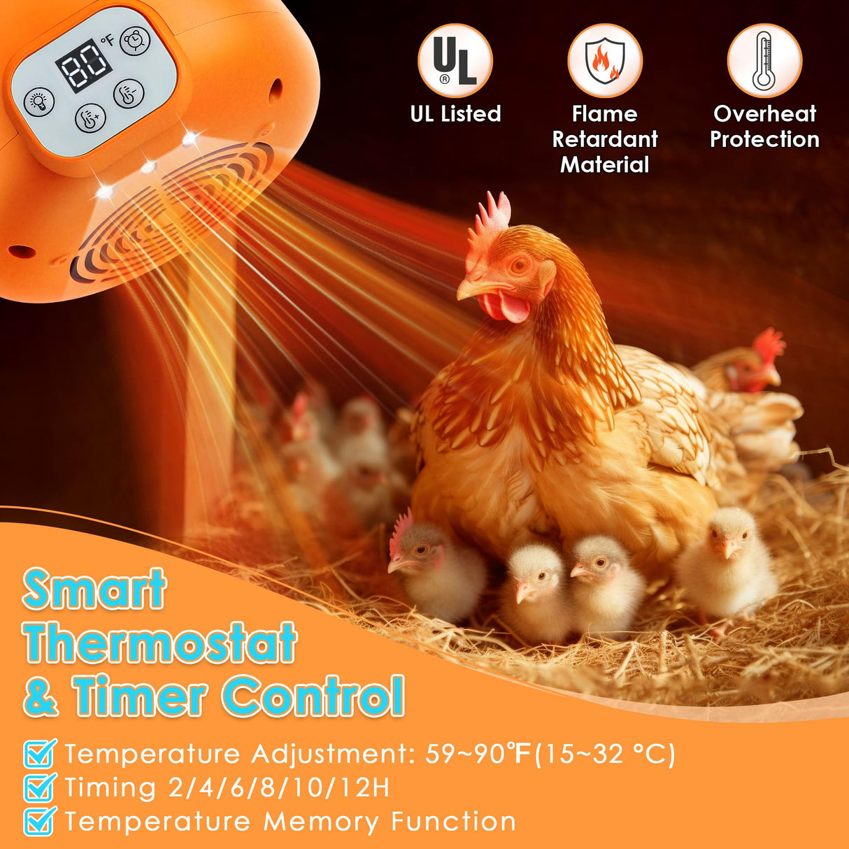 Enhon 2 Pack Chicken Coop Heater, Timing Heat Lamp for Chickens, Smart Temperature Control Chicken Brooder Heater, 5 Ft Ultra Long Cable Reptile Heating Lamp for Chicks Duck Dog Cats, No Remote