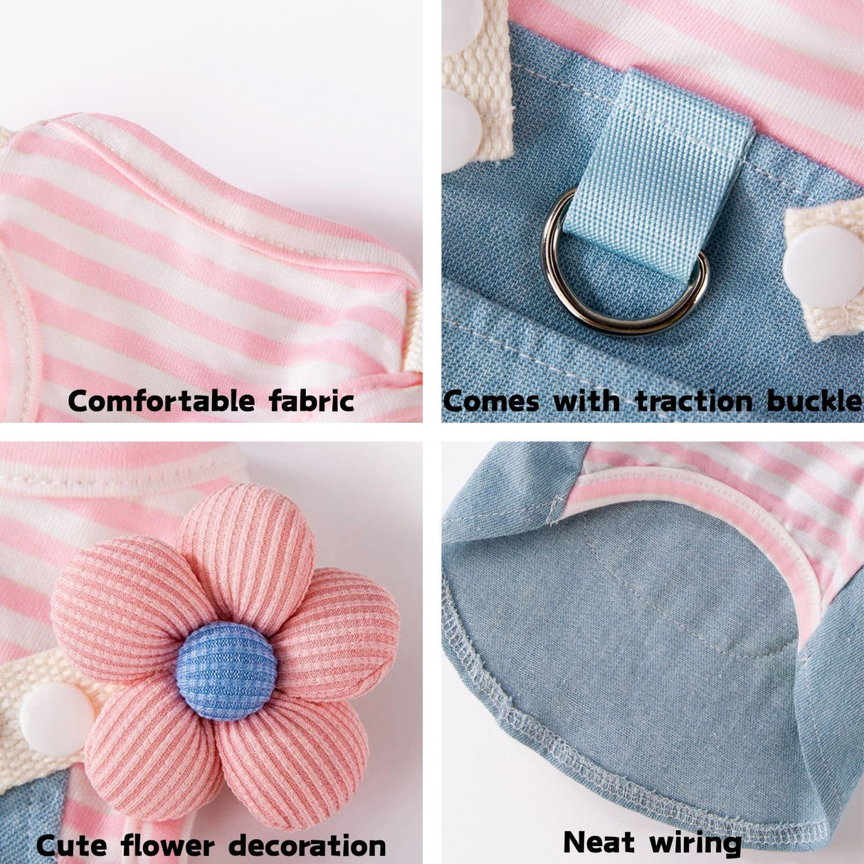 Denim Dog Dress with Pink Striped Print, Floral Shoulder, and Leaf Pocket Accent Pet Clothes, Small Dog Outfit for Chihuahua, Yorkie, Puppy Dress for Birthday, Party, and Everyday Wear(Pink,S)