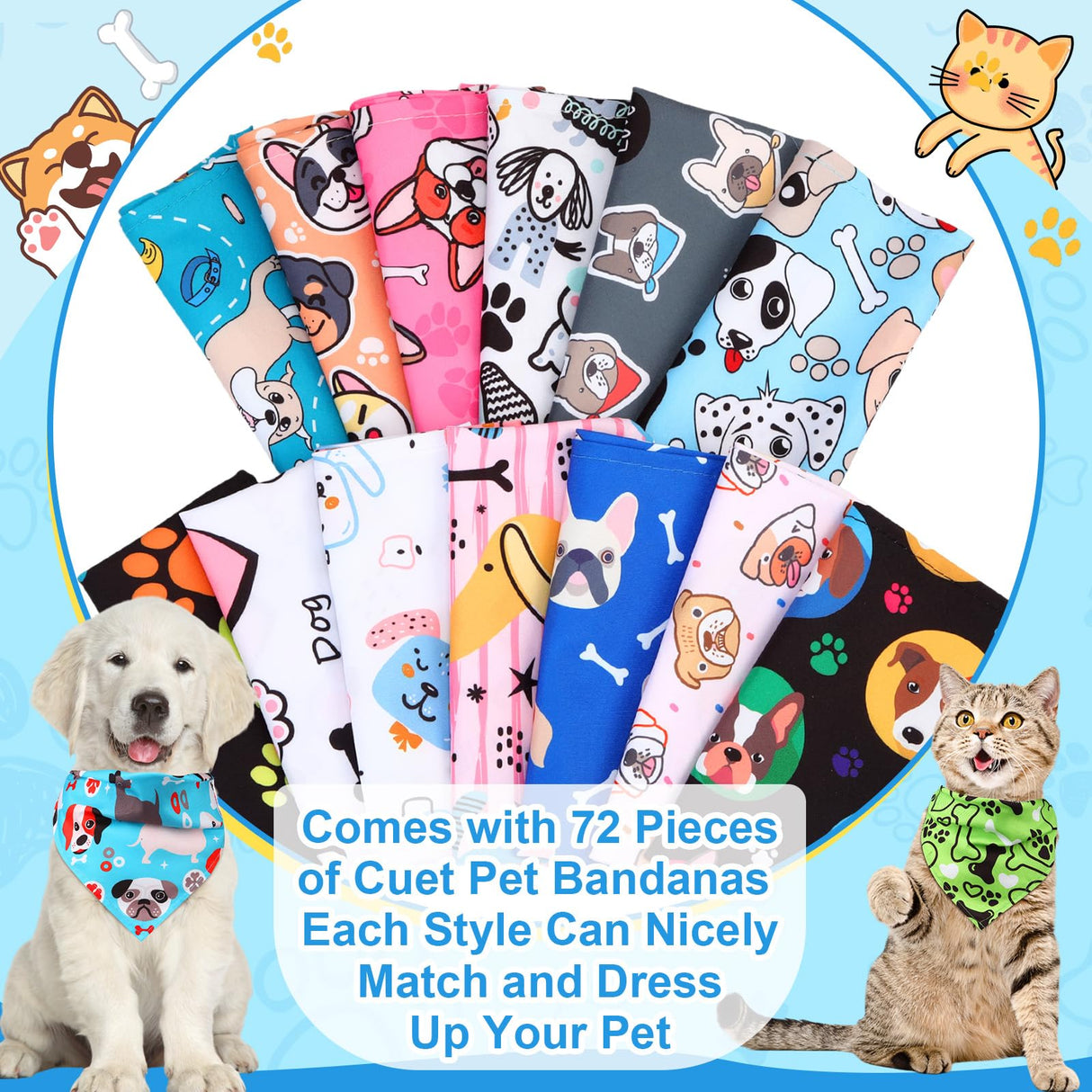 72 Pcs Dog Bandanas Bulk Summer Adjustable Washable Pet Triangle Scarf Soft Cute Cartoon Pattern Kerchief Bib for Summer Holiday Small Medium Large Pet Costume Accessories