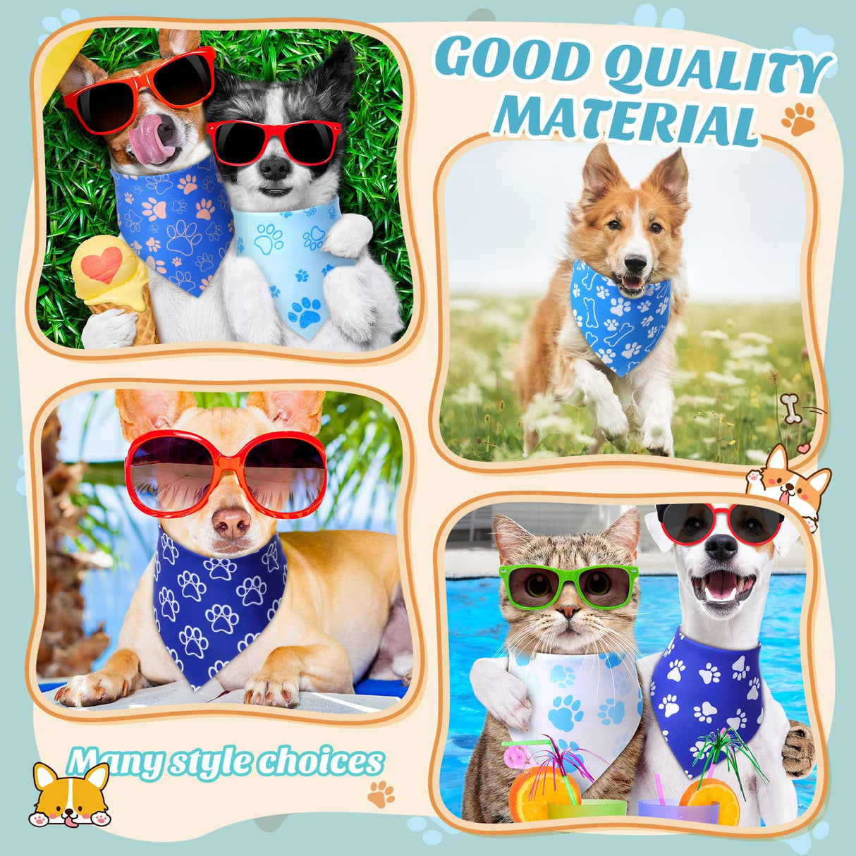 Jeere 50 Pcs Blue Paw Print Dog Bandanas Bulk Animal Footprint Bandanas for Dogs Triangle Kerchief Bib Scarf Set for Pet Winter Costume Photo Props Daily Accessories Pet Shops (25.6 x 17.7 x 17.7)