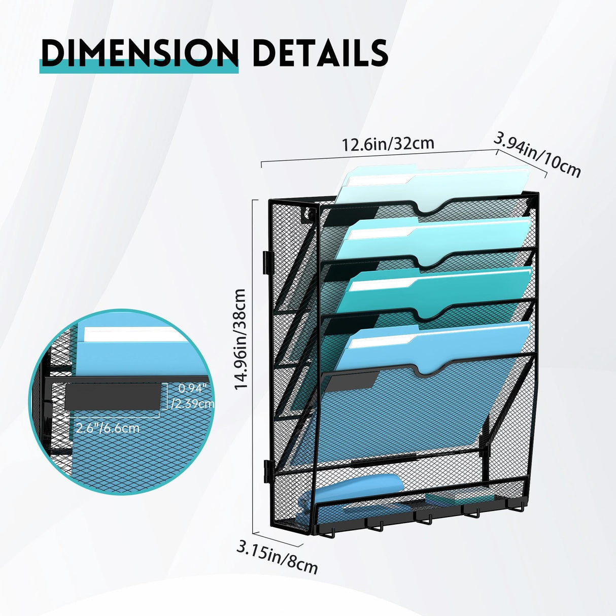 JMHUD 5 Tier Wall File Organizer - Hanging File Organizer with 5 Hooks, Mail Holder Wall Mounted for Papers, Folders, Magazines, Bills, Office&School Organization, Black