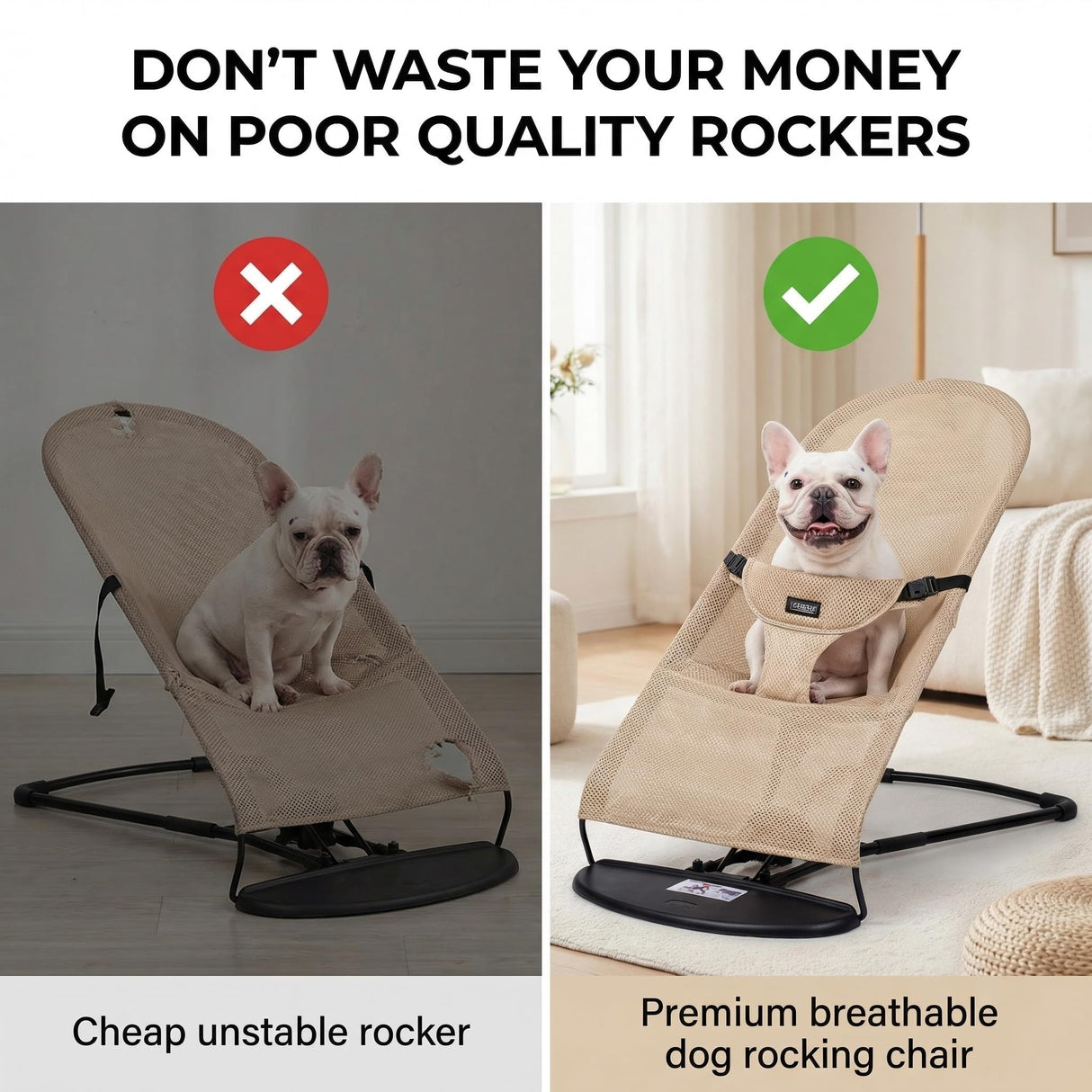 Cat & Dog Rocking Chair - Bouncer Bed for Frenchie, French Bulldog Lounge, Outdoor Portable Foldable Pet Furniture. Adjustable Height, Breathable Mesh, Safety Harness for Small Animals & Puppies