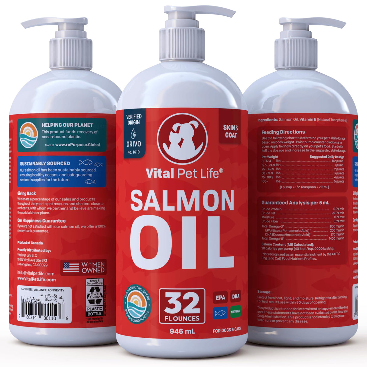 Salmon Oil for Dogs & Cats - Healthy Skin & Coat, Fish Oil, Omega 3 EPA DHA, Liquid Food Supplement for Pets, All Natural, Supports Joint & Bone Health, Natural Allergy & Inflammation Defense, 32 oz