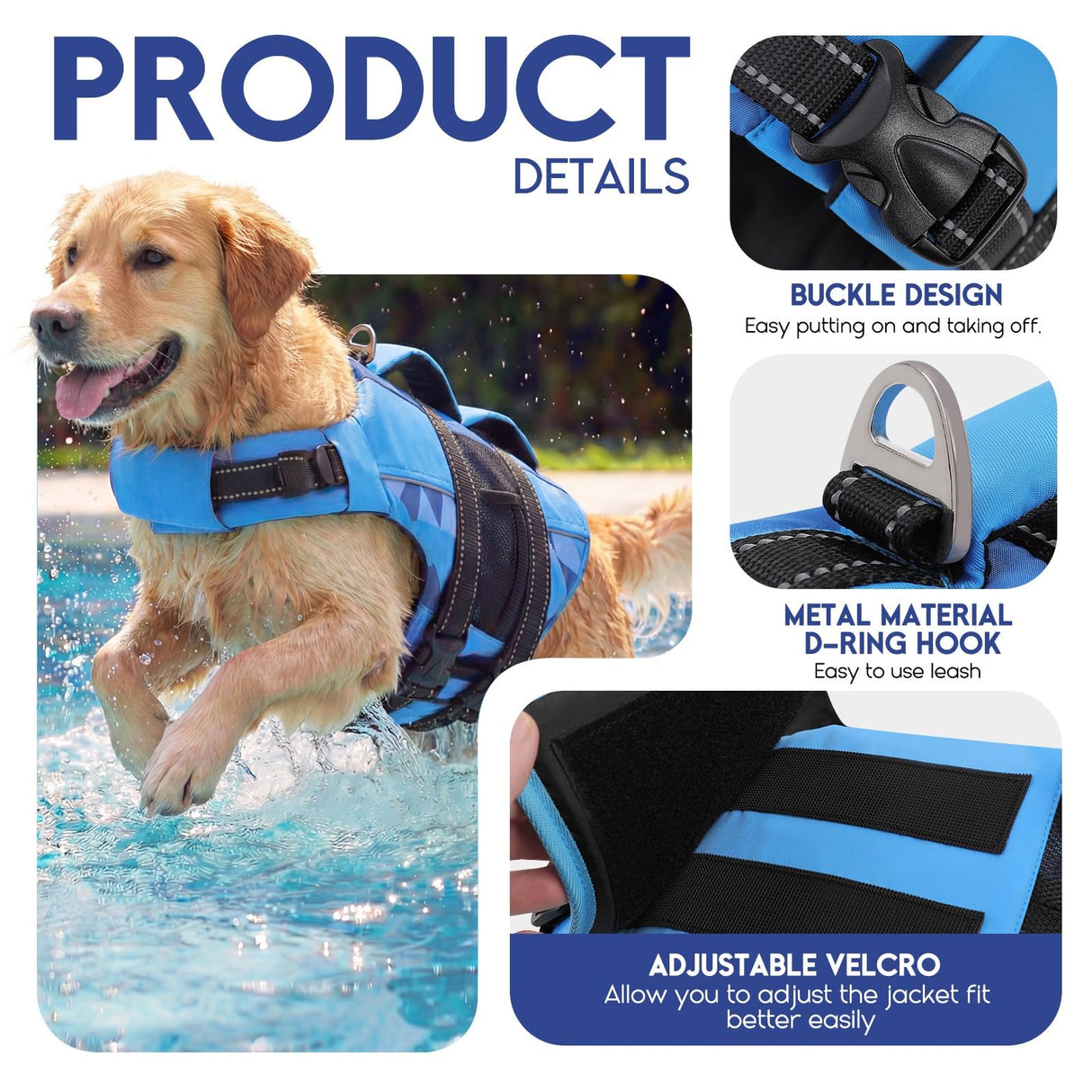 ASENKU Dog Life Jacket with Reflective Stripes, Adjustable High Flotation Dog Safety Vest, Ripstop Pet Lifesaver for Swimming Boating, Lightweight Pet Life Preserver for Medium Dogs (Blue, S)