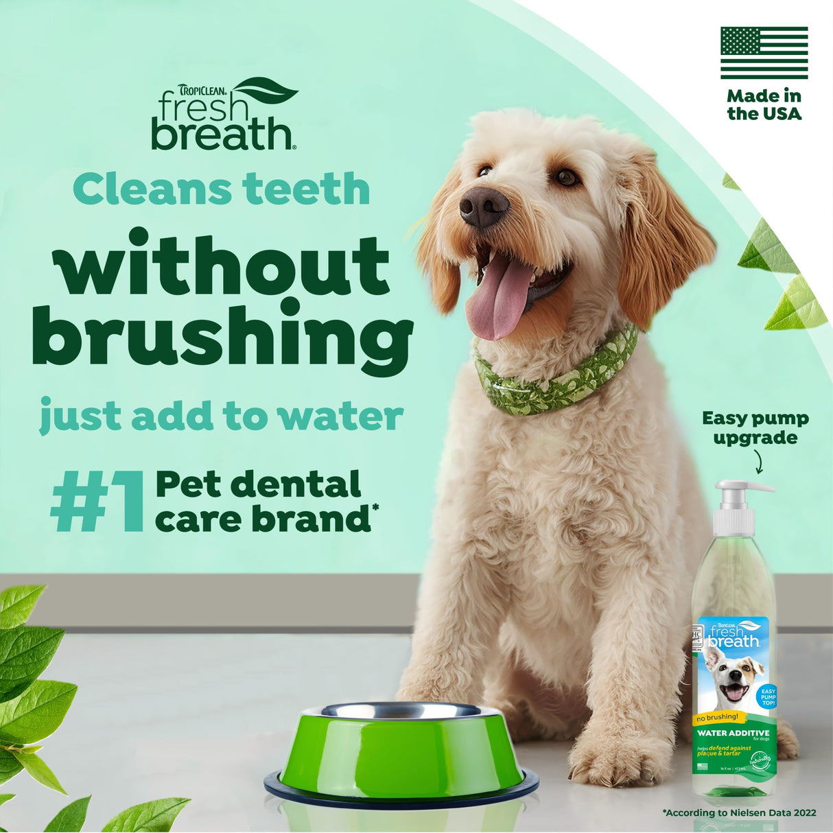 TropiClean Fresh Breath Water Additive for Dogs | Dog Breath Freshener & Teeth Cleaning Solution | No Toothpaste or Toothbrush Required | 16 oz + Pump