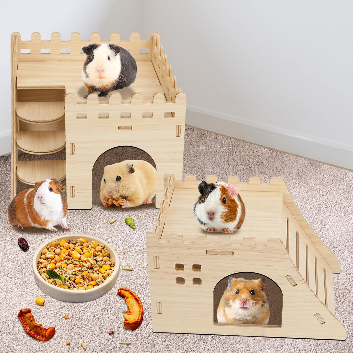 PETKNOWS 2 Pack Hamster Houses and Hideouts, Easy to Assemble Wooden Hamster Castle Small Animal House Bed with Stairs