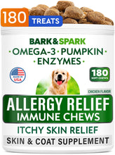 Load image into Gallery viewer, BARK&SPARK Dog Allergy Relief Chews (180 Immune Treats) - Anti-Itch Skin & Coat Supplement - Omega 3 Fish Oil - Itchy Skin Relief Treatment Pills - Itching&Paw Licking - Dry Skin & Hot Spots -Chicken