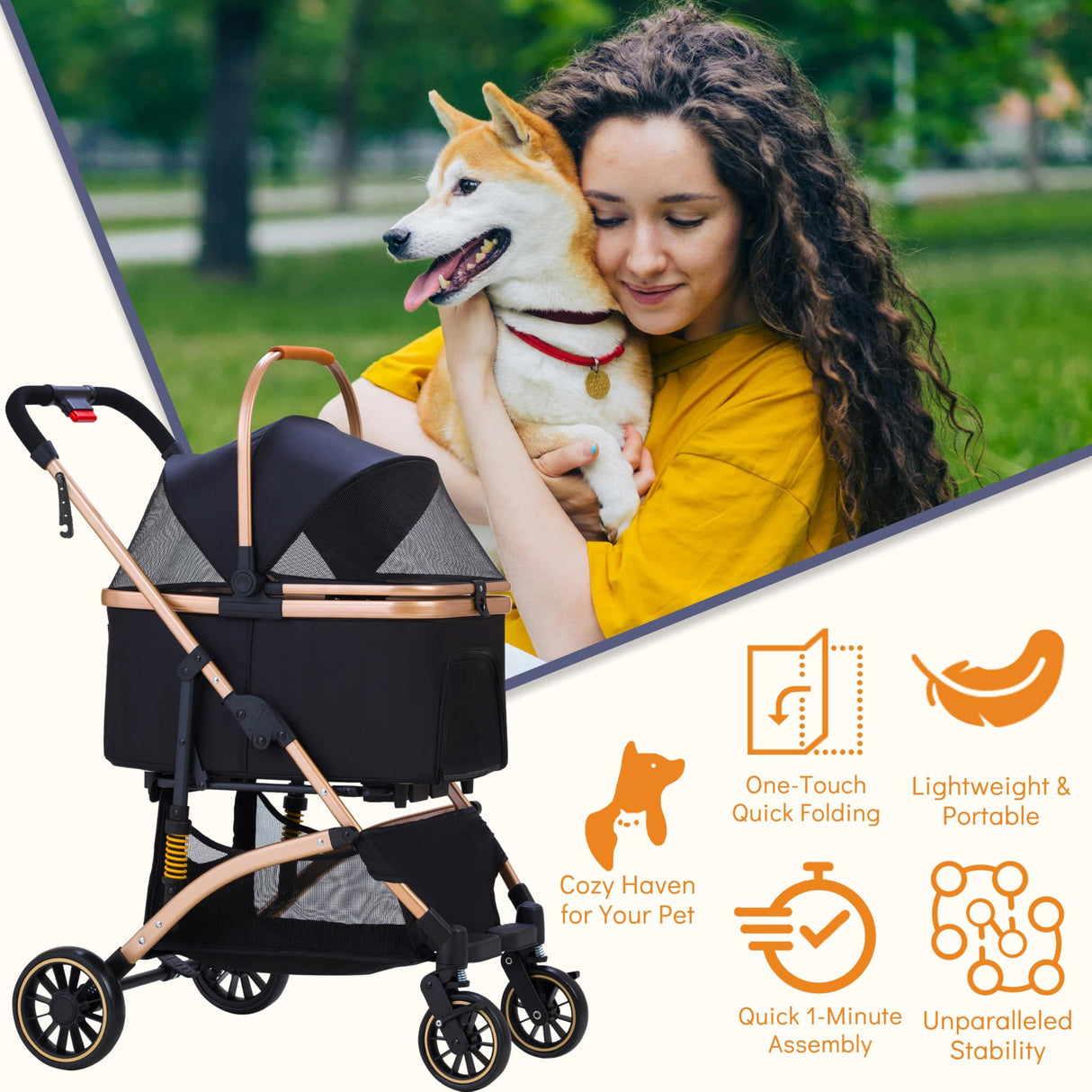 GdnWings Pet Stroller for Small Dogs, Lightweight Small Dog Stroller for Dogs Cats with 6 Shock Absorption System, Detachable Carrier Suitable for Car Seat & Hand Carry, Safe Outings, Black