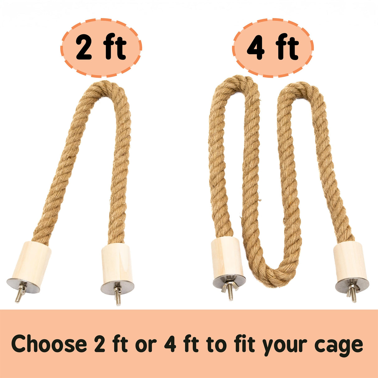 Lovely Little Flyers Bird Rope Perch for Parrots, Bendable Natural Jute Boing with Pine Wood and Stainless Steel Mount, Cotton Alternative, Cage Accessory for Parrots (Brown, 4 feet)