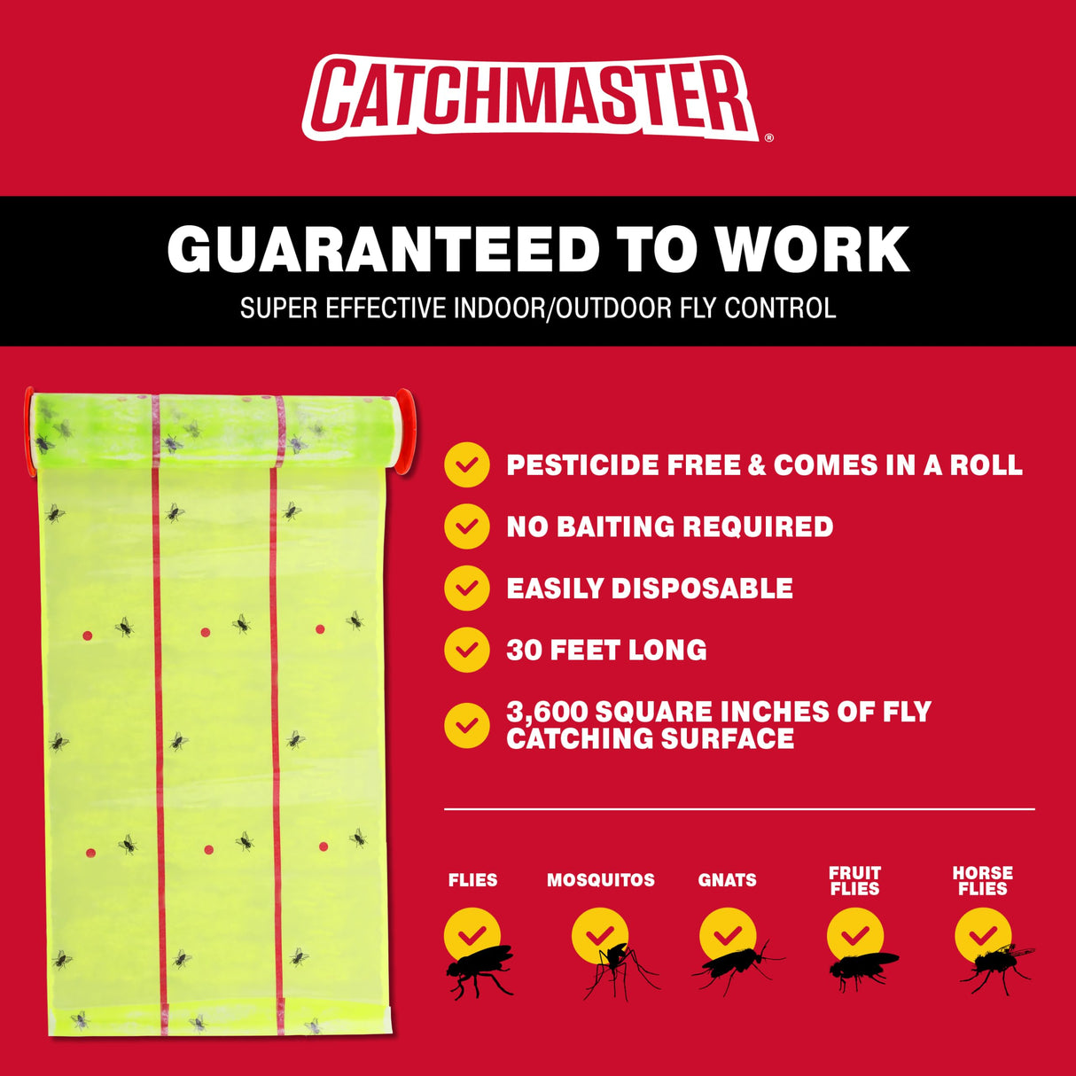 Catchmaster Giant Fly Glue Trap 1-Pack 30 Feet Each, Adhesive Fly Traps Outdoor, Sticky Bug Catcher, Bulk Flying Insect Paper Roll, Pest Control for Garage, Barn, Greenhouse & Garbage Room