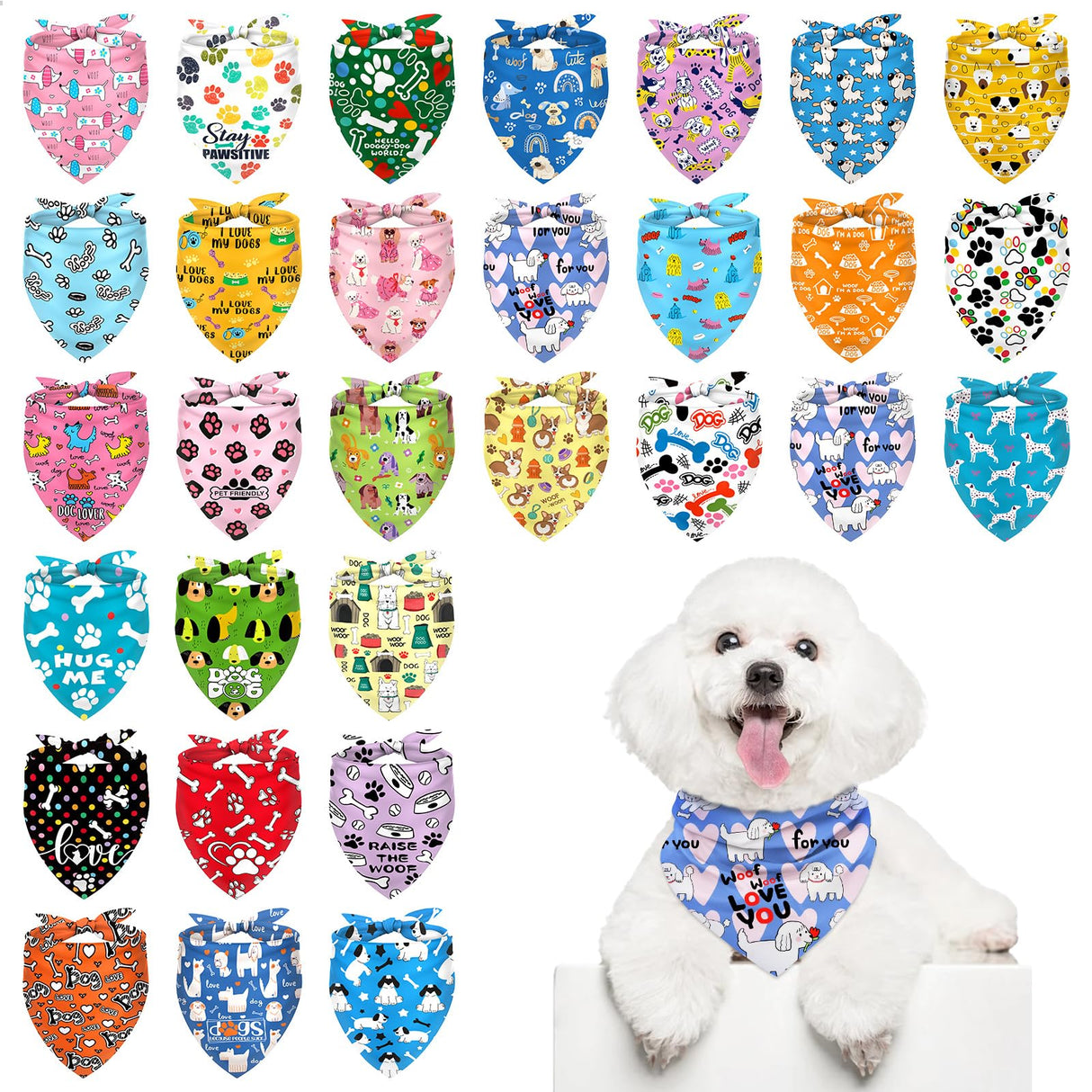 Bensbl 30Pcs Dog Bandanas Bulk Adjustable Washable Triangle Pet Bandanas Cartoon Bone Paw Print for Small Medium Large Dogs Grooming Daily Wear Birthday Party
