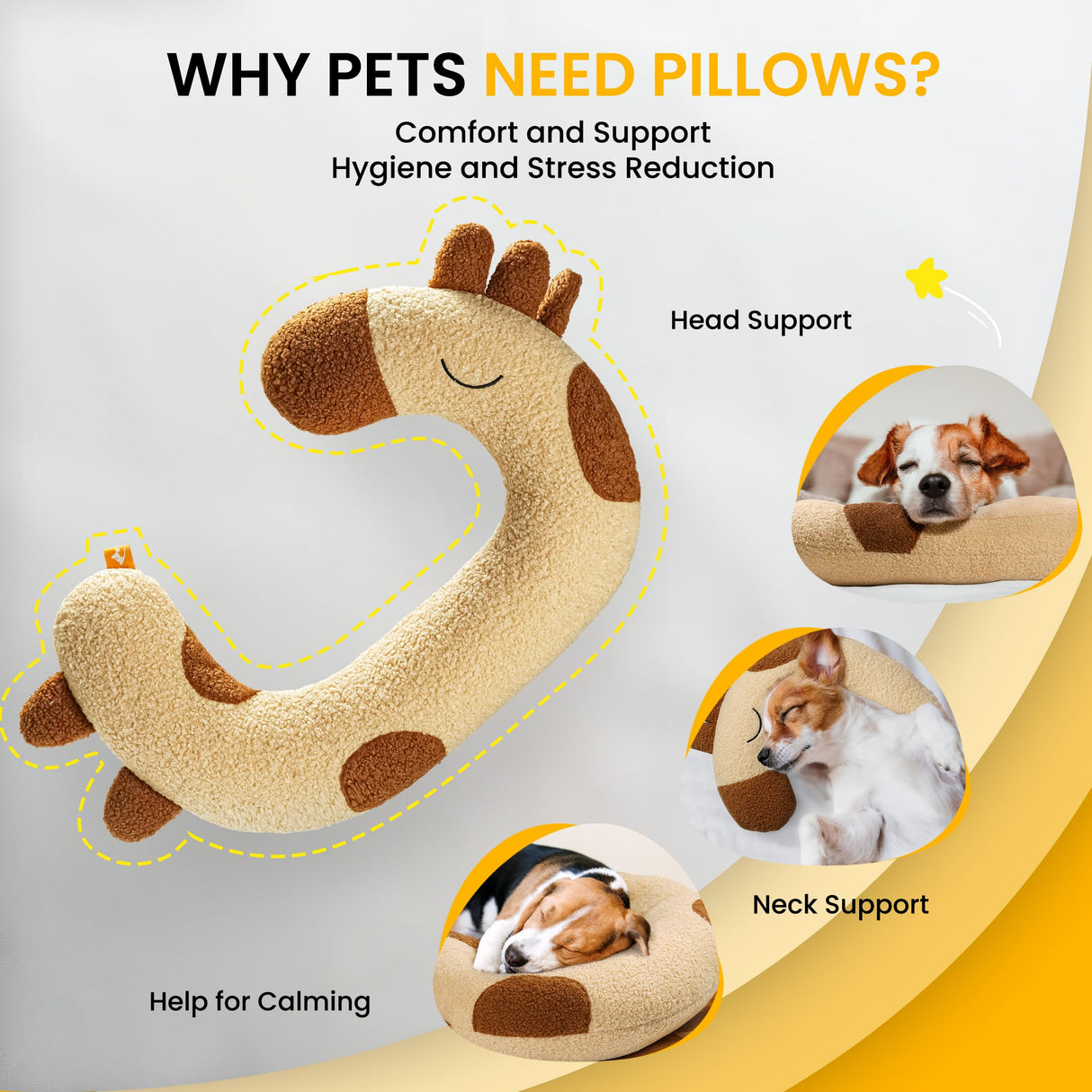HiPetpy Dog Pillow - Soft Neck Pillow for Dogs, Washable Dog Calming Pillows for Better Sleep, Reduces Anxiety, Gift for Medium/Large Dogs and Cats (Yellow)
